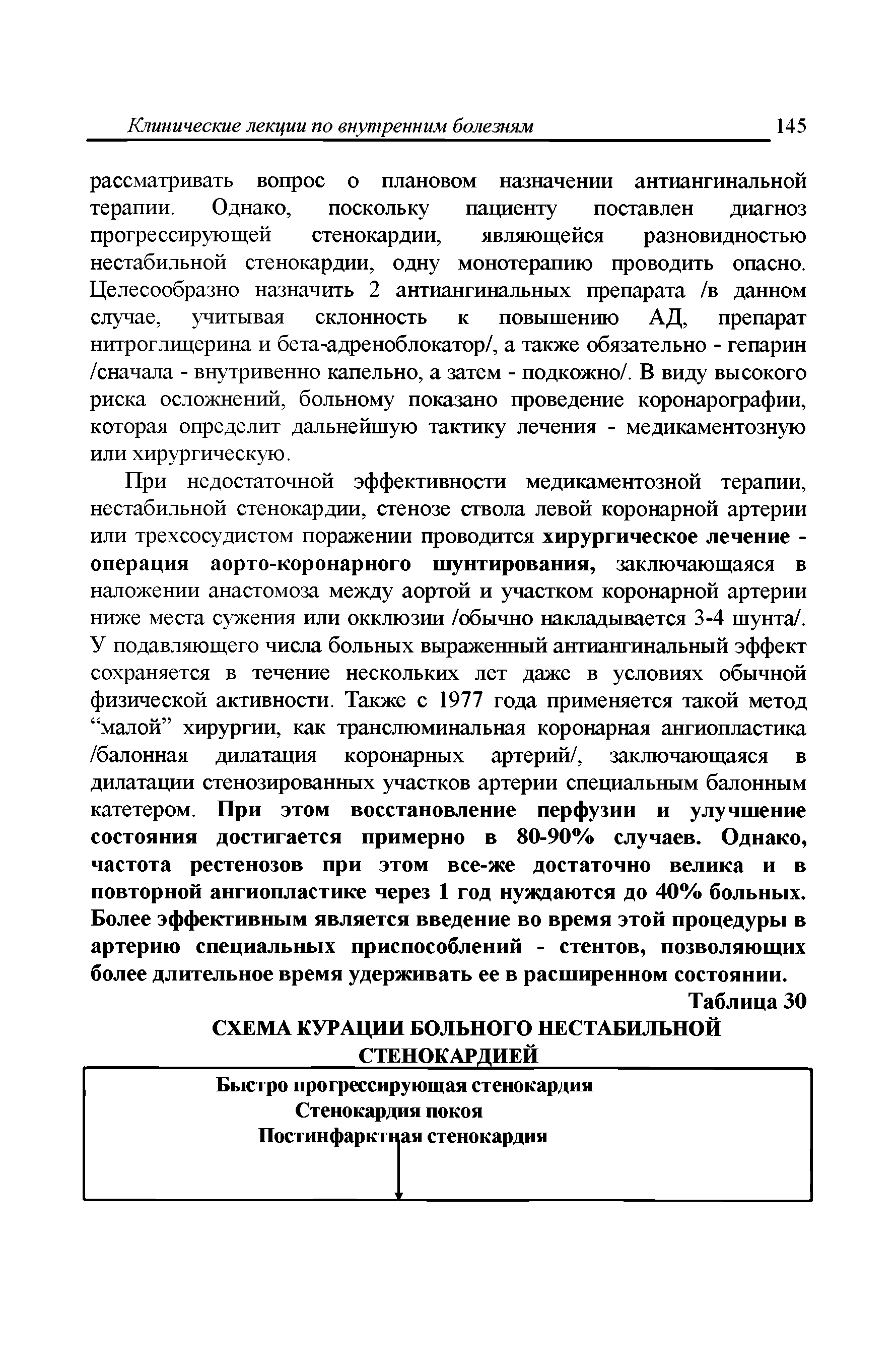 Таблица 30 СХЕМА КУРАЦИИ БОЛЬНОГО НЕСТАБИЛЬНОЙ СТЕНОКАРДИЕЙ Быстро прогрессирующая стенокардия...