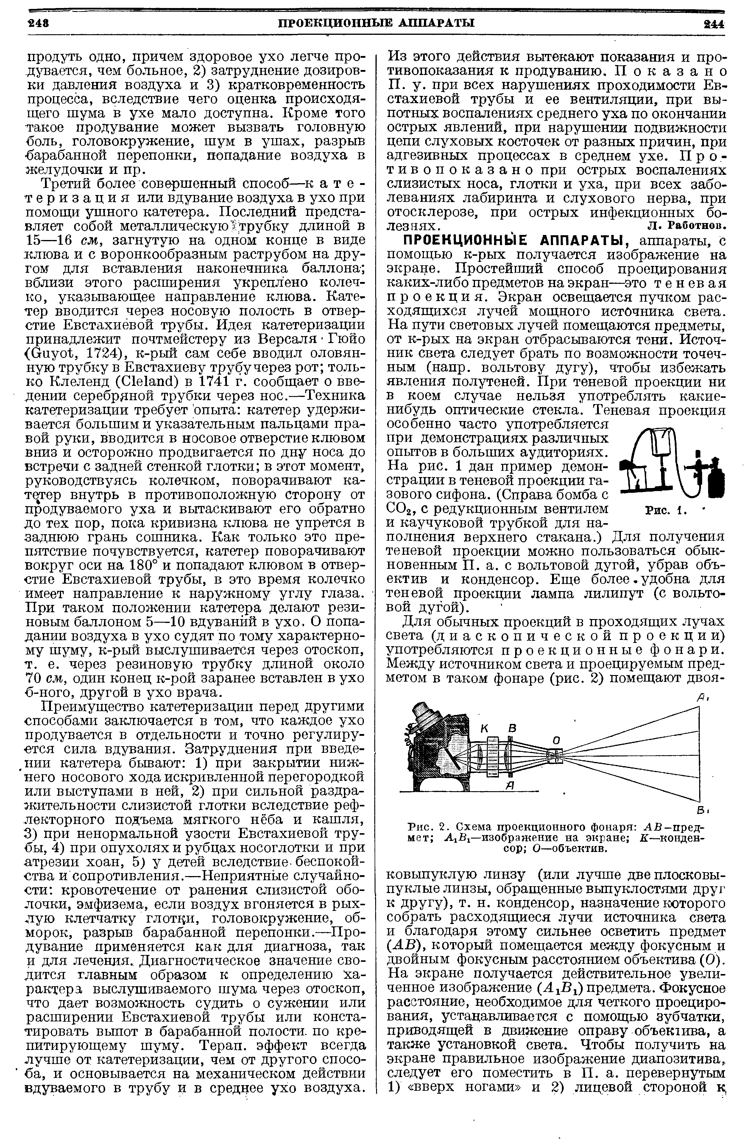 Рис. 2. Схема проекционного фонаря АВ—предмет А х—изображение на экране К—конденсор О—объектив.