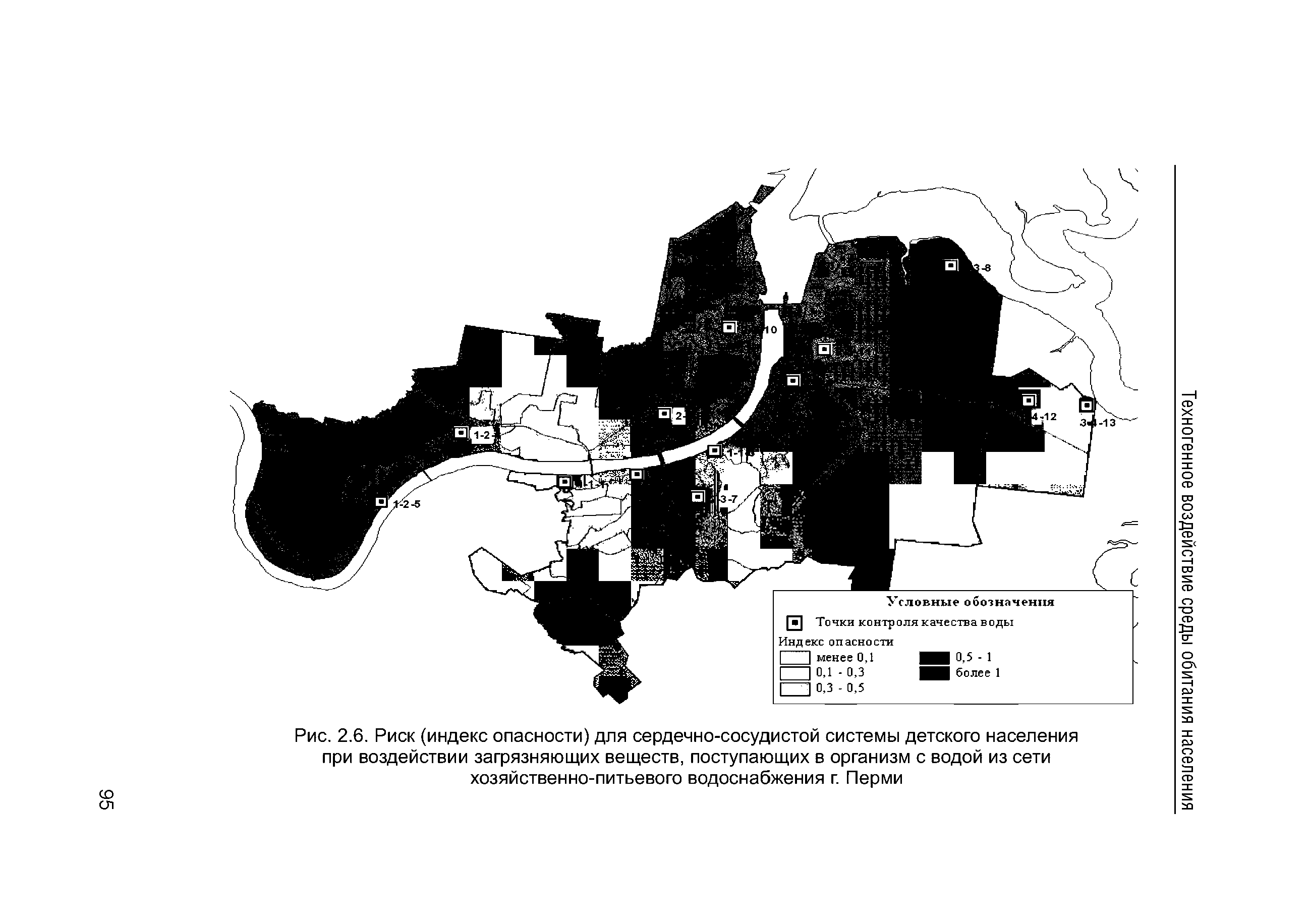 Рис. 2.6. Риск (индекс опасности) для сердечно-сосудистой системы детского населения при воздействии загрязняющих веществ, поступающих в организм с водой из сети хозяйственно-питьевого водоснабжения г. Перми...