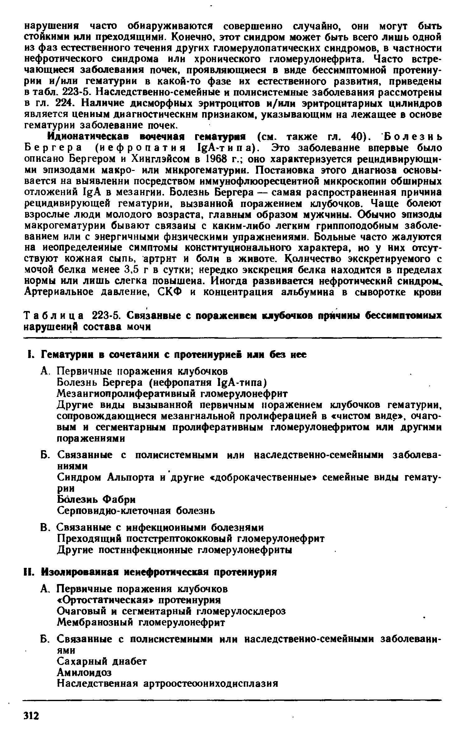 Таблица 223-5. Связанные с поражеивем клубочков причины бессимптомных нарушений состава мочи...