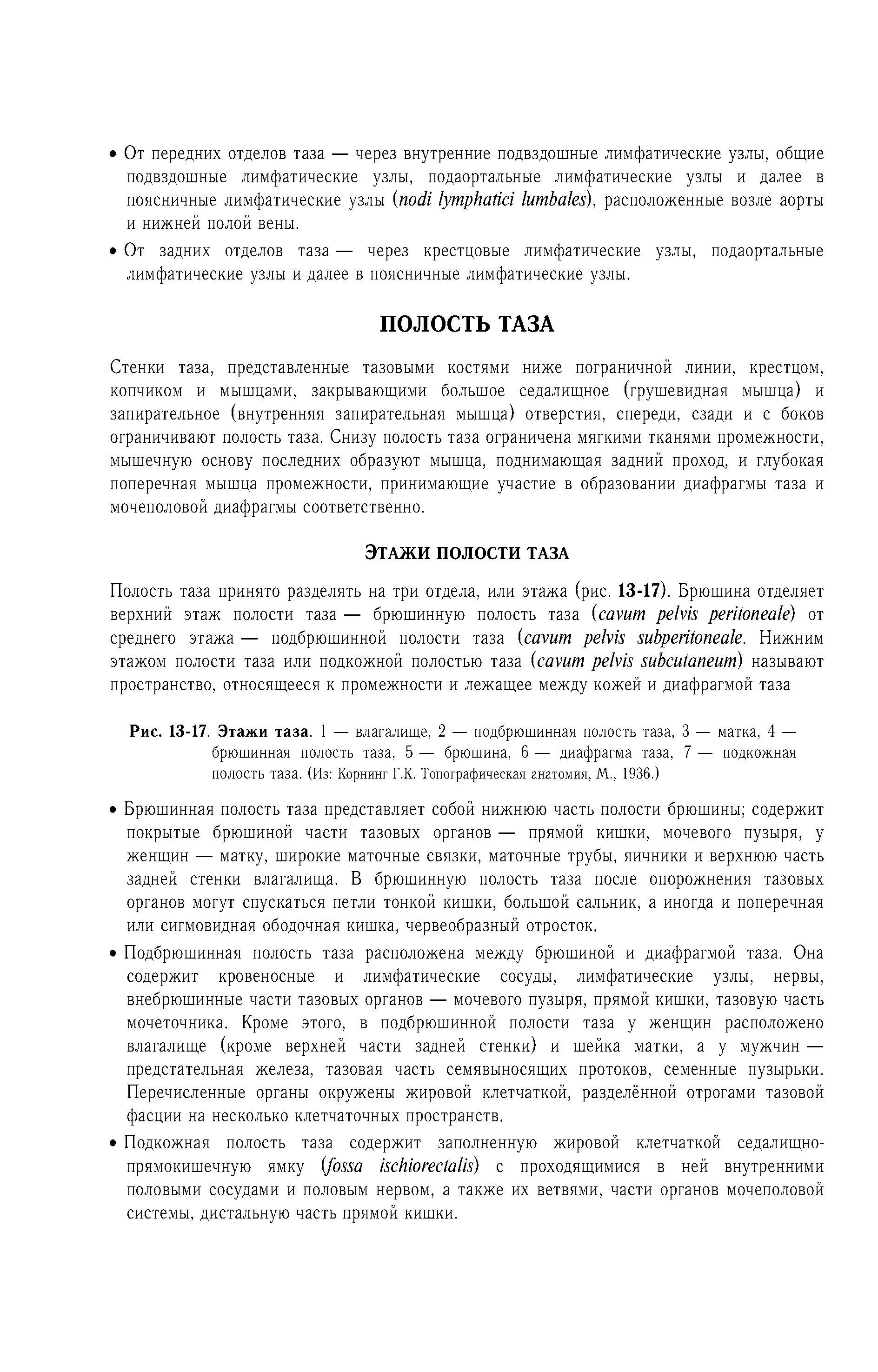 Рис. 13-17. Этажи таза. 1 — влагалище, 2 — подбрюшинная полость таза, 3 — матка, 4 — брюшинная полость таза, 5 — брюшина, 6 — диафрагма таза, 7 — подкожная полость таза. (Из Корнинг Г.К. Топографическая анатомия, М., 1936.)...