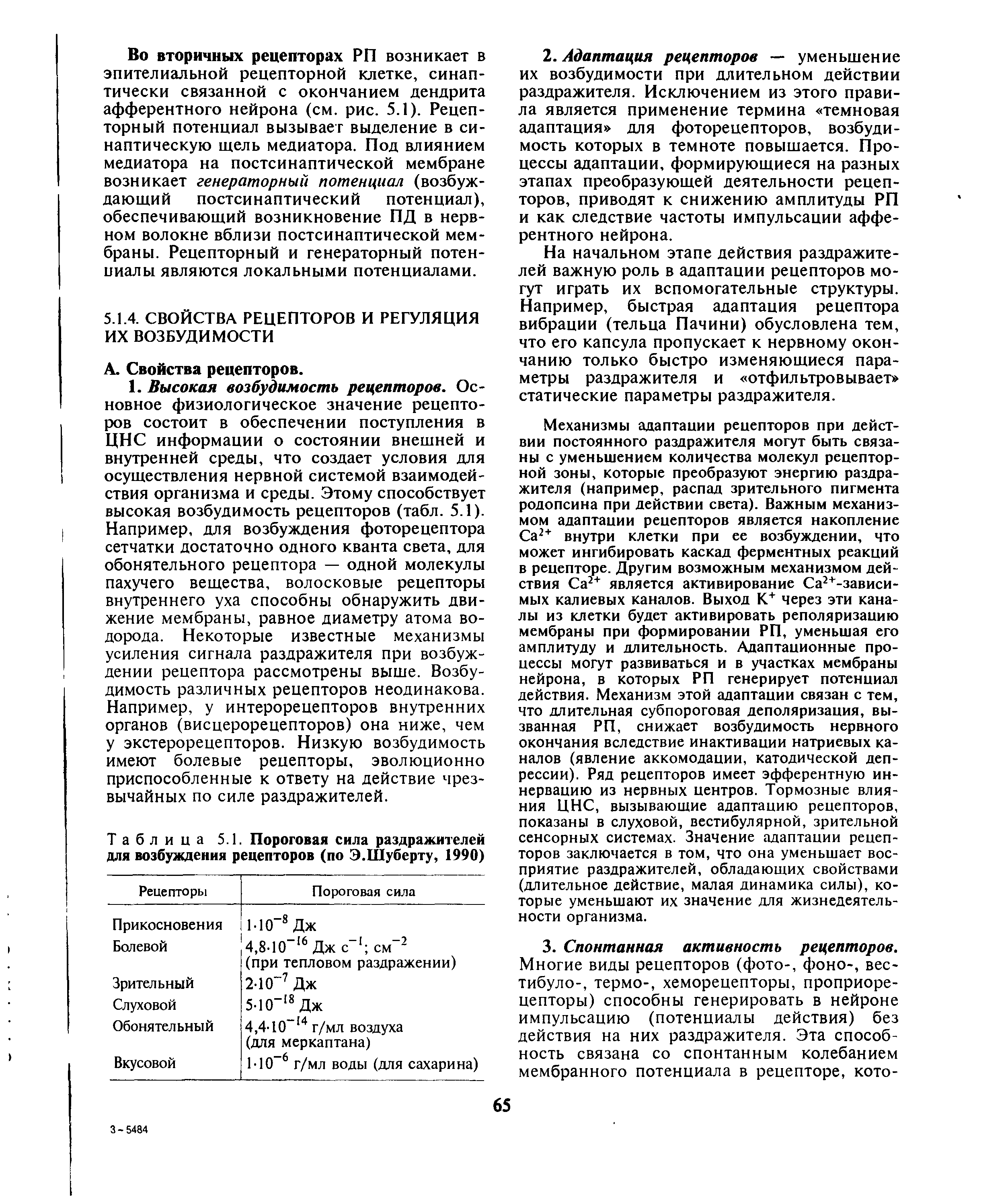 Таблица 5.1. Пороговая сила раздражителей для возбуждения рецепторов (по Э.Шуберту, 1990)...