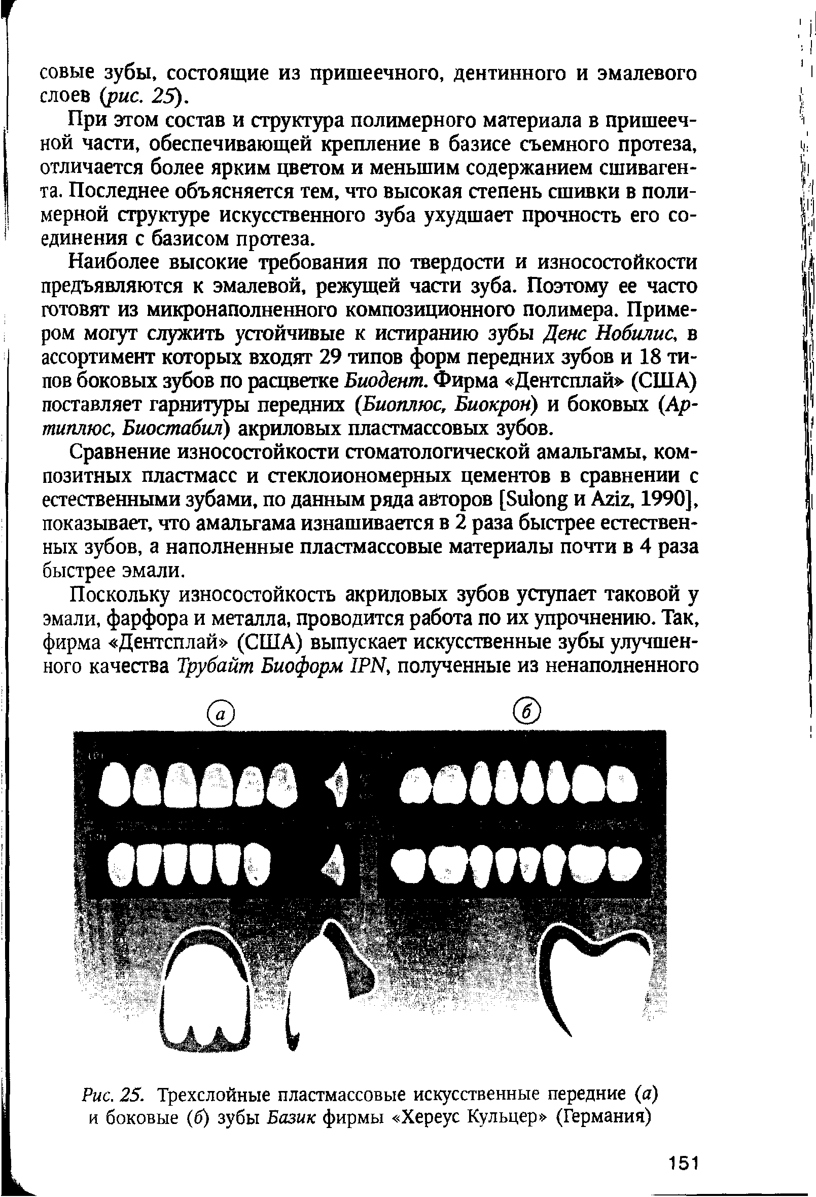 Рис. 25. Трехслойные пластмассовые искусственные передние (а) и боковые (б) зубы Базик фирмы Хереус Кульцер (Германия)...