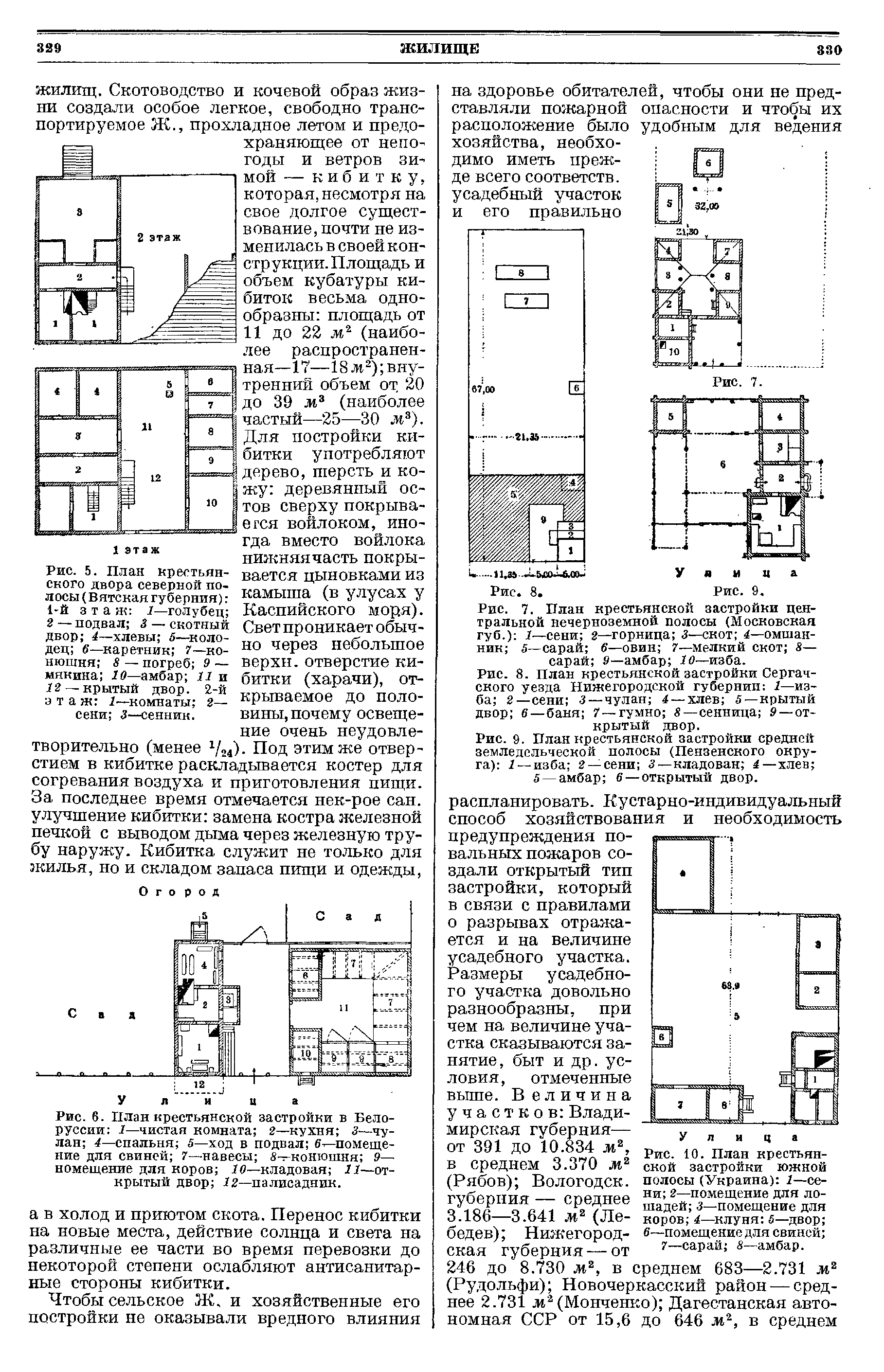 Рис. 10. План крестьянской застройки южной полосы (Украина) 1—сени 2—помещение для лошадей з—помещение для коров 4—клуня 5—двор в—помещение для свиней ...