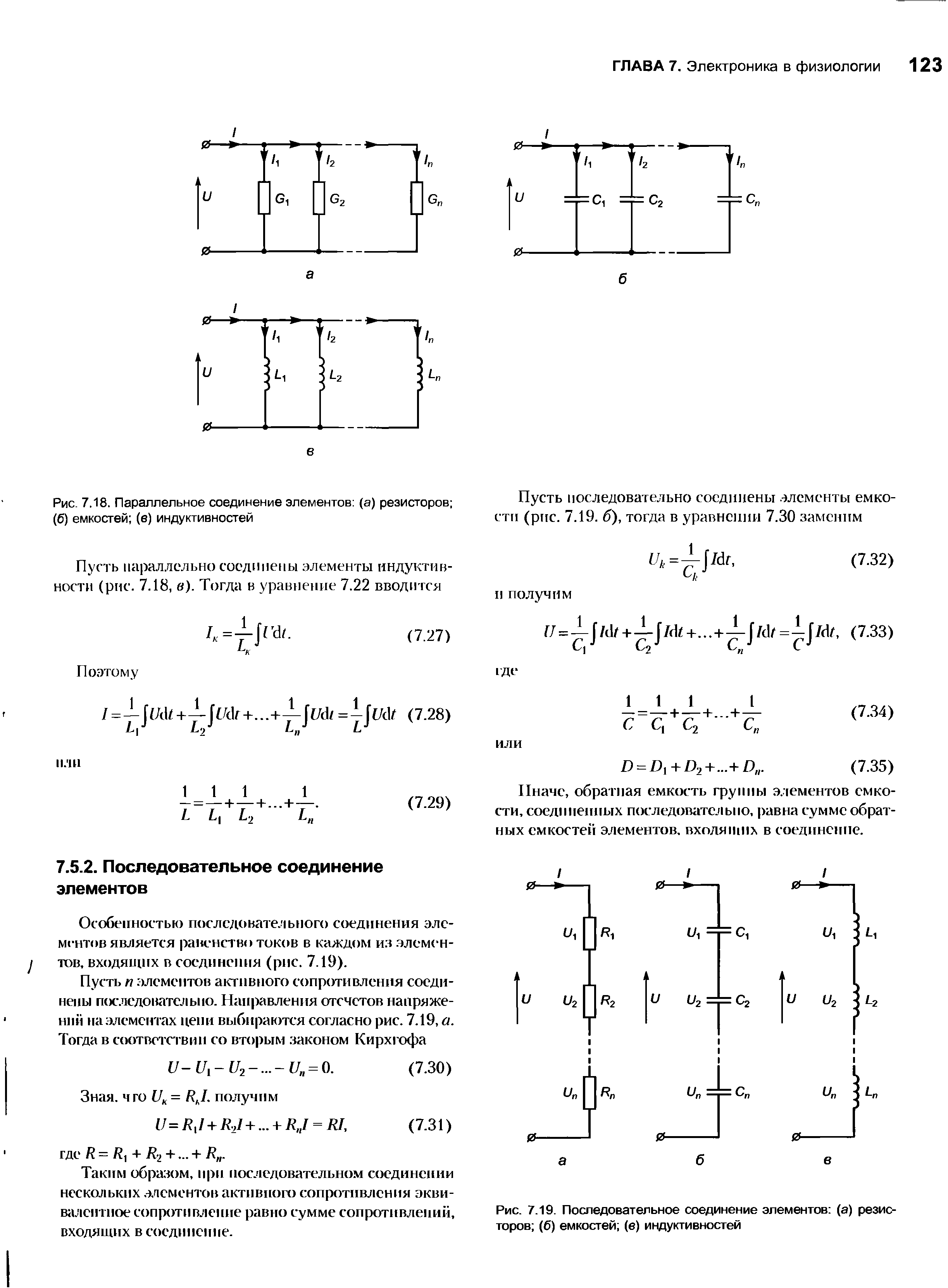 Рис. 7.18. Параллельное соединение элементов (а) резисторов (б) емкостей (е) индуктивностей...