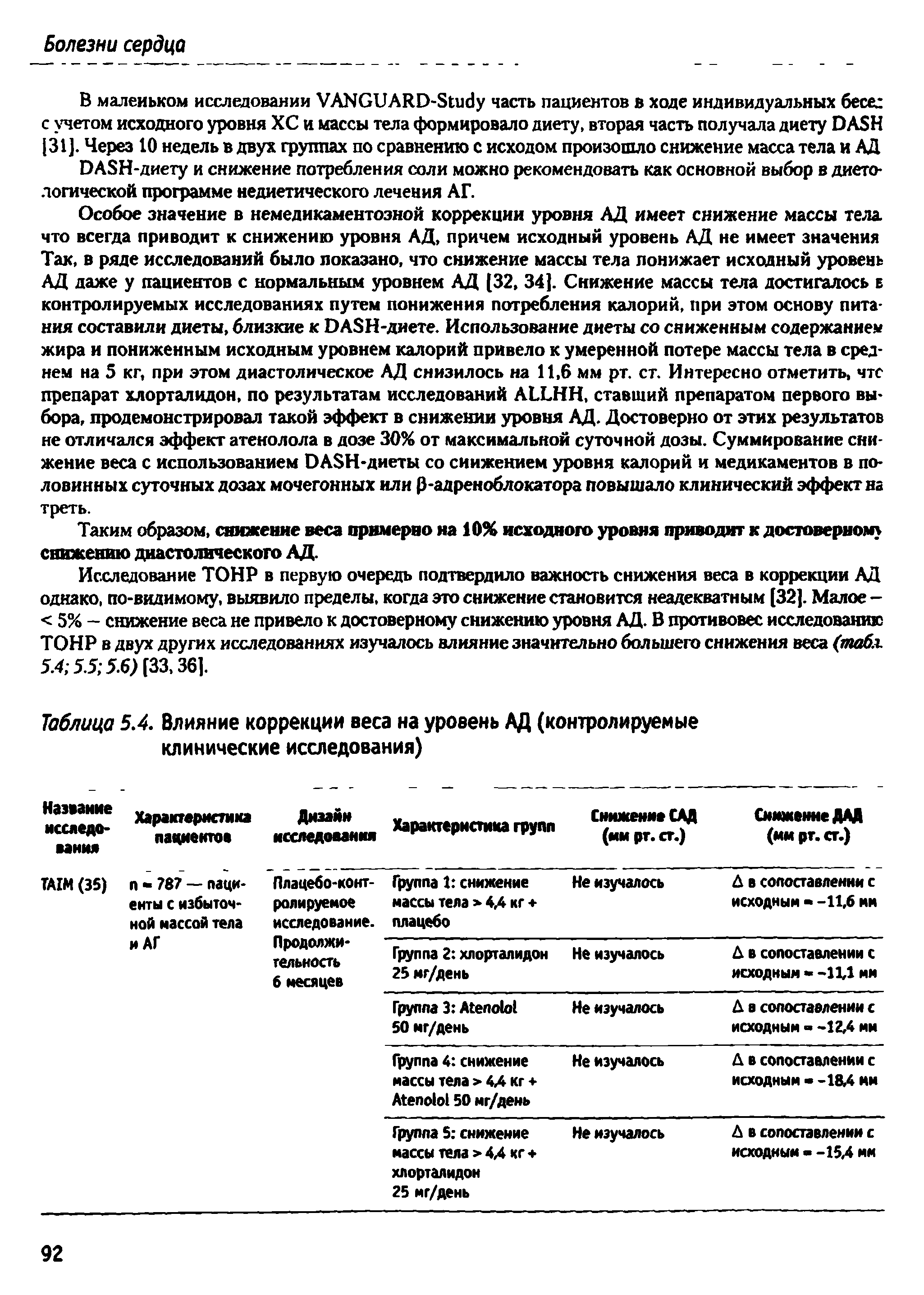 Таблица 5.4. Влияние коррекции веса на уровень АД (контролируемые клинические исследования)...