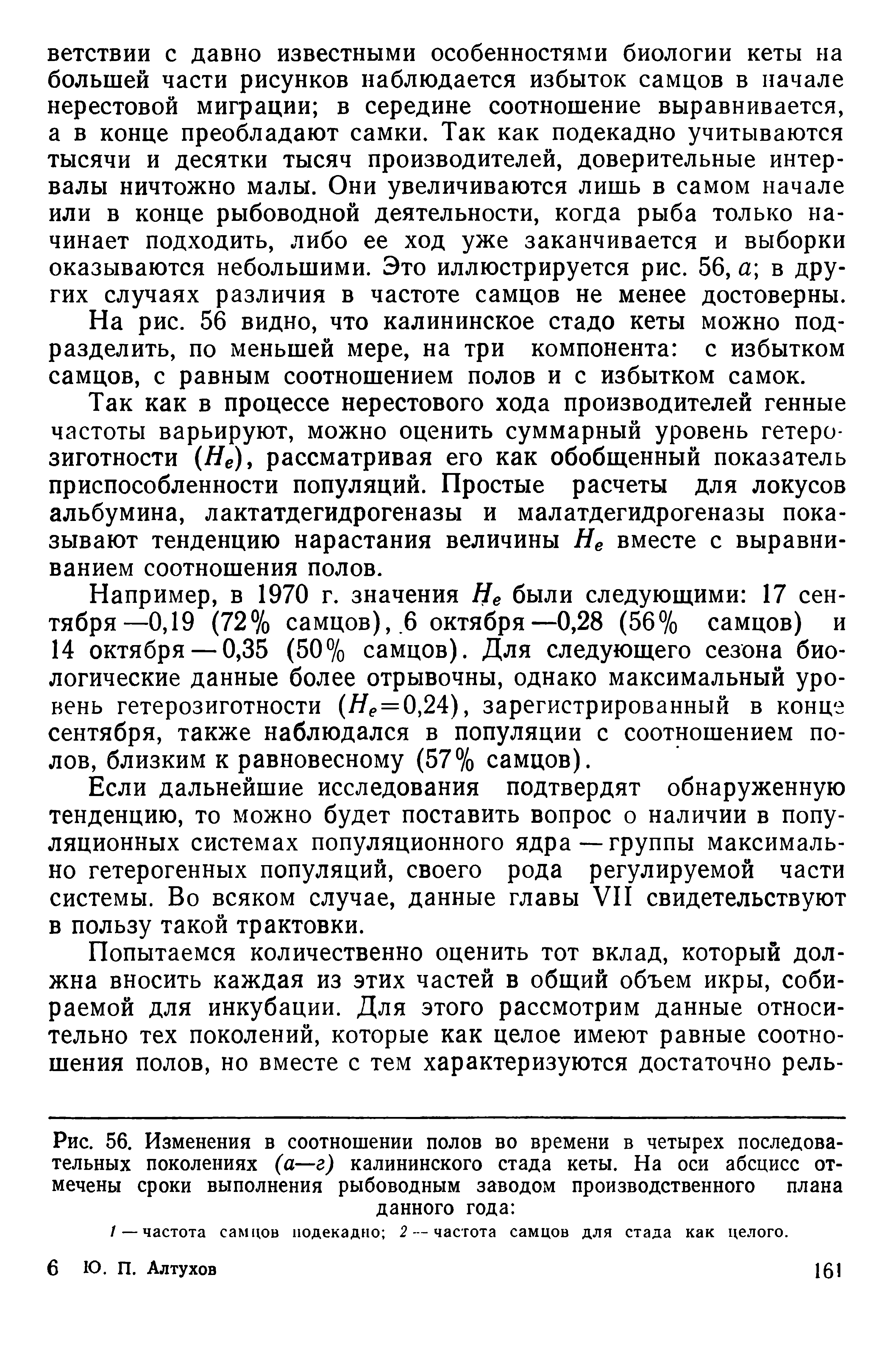 Рис. 56. Изменения в соотношении полов во времени в четырех последовательных поколениях (а—г) калининского стада кеты. На оси абсцисс отмечены сроки выполнения рыбоводным заводом производственного плана данного года ...