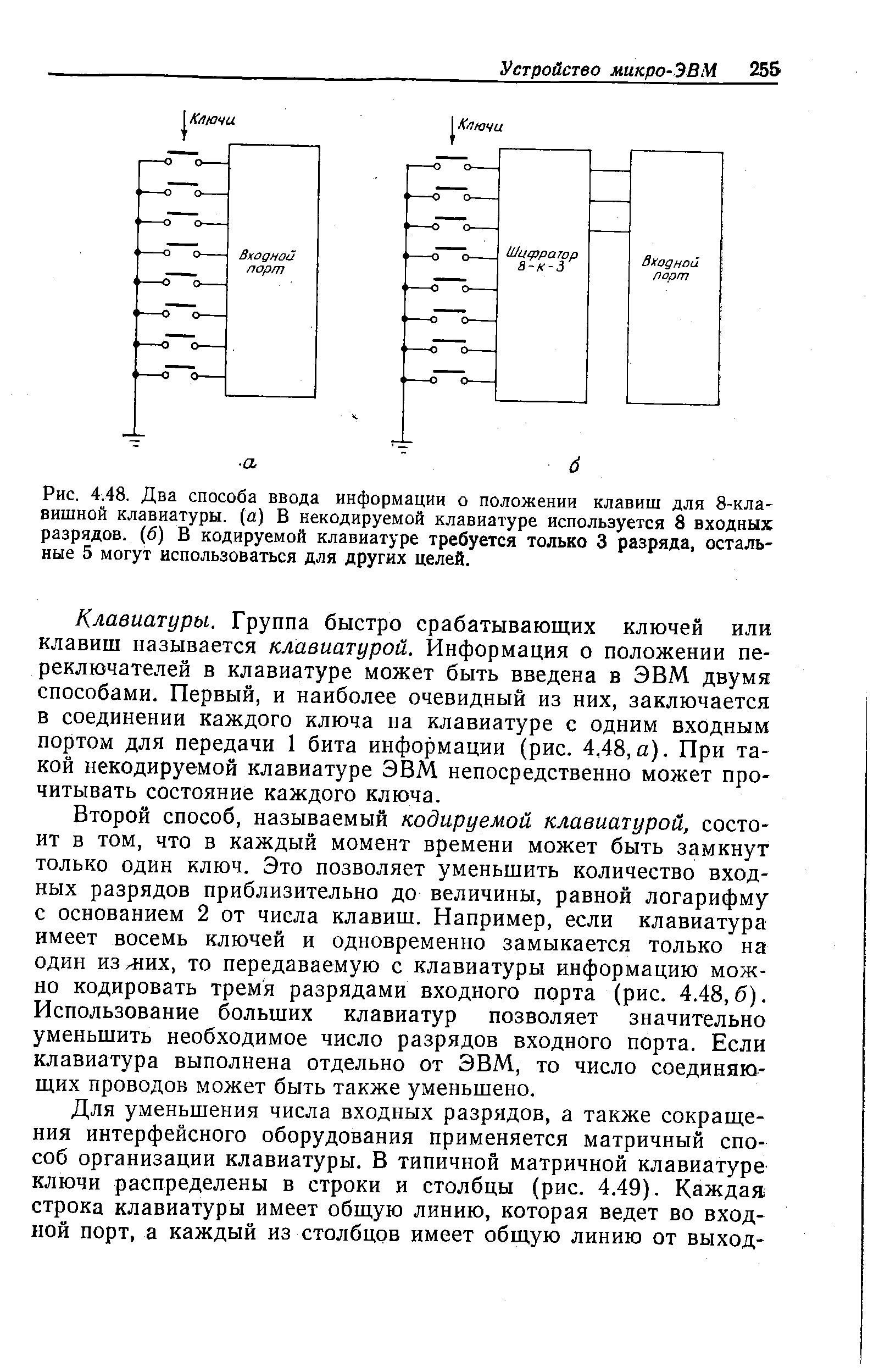 Рис. 4.48. Два способа ввода информации о положении клавиш для 8-кла-вишной клавиатуры, (а) В некодируемой клавиатуре используется 8 входных разрядов, (б) В кодируемой клавиатуре требуется только 3 разряда, остальные 5 могут использоваться для других целей.