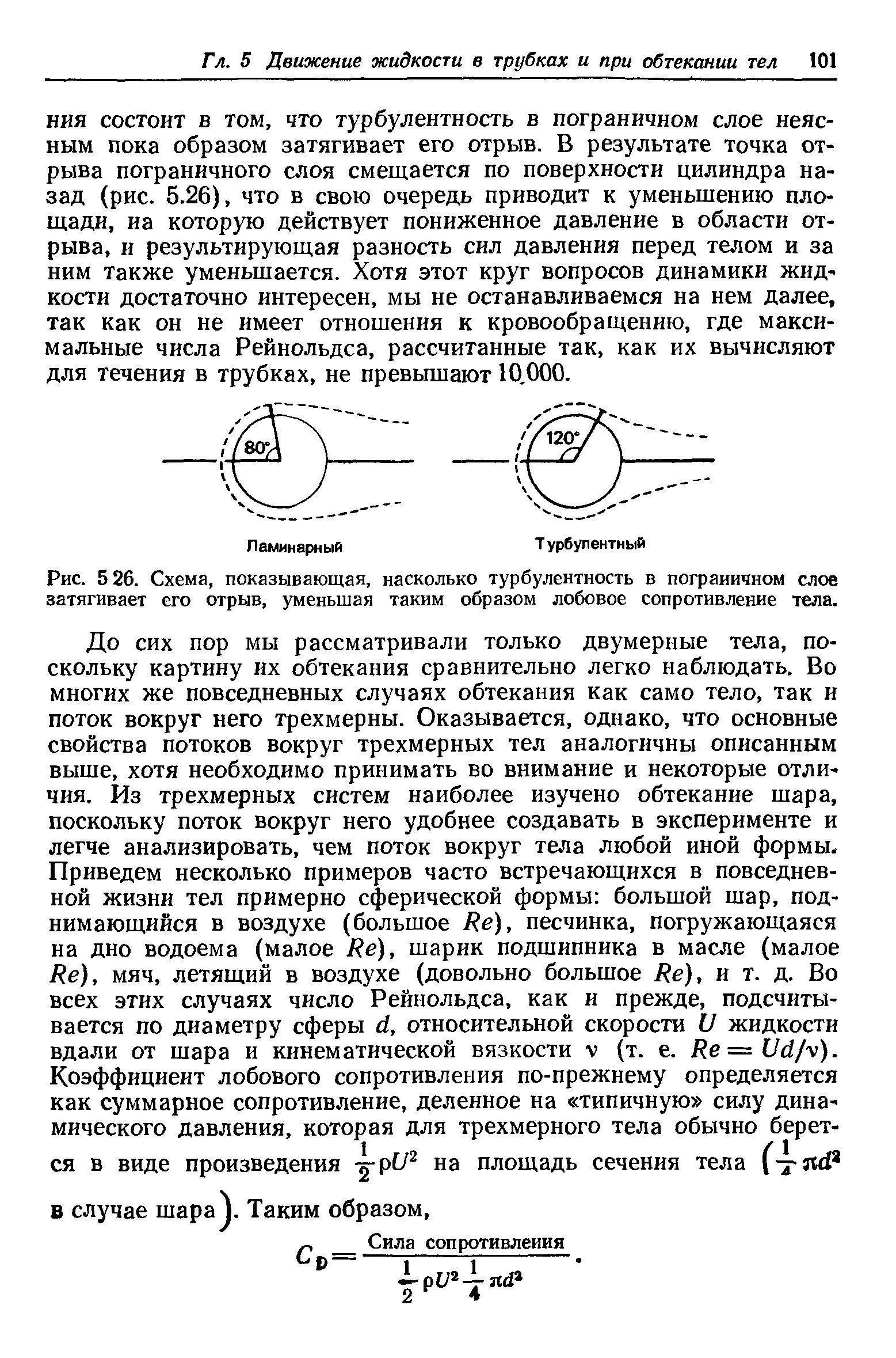 Рис. 5 26. Схема, показывающая, насколько турбулентность в пограничном слое затягивает его отрыв, уменьшая таким образом лобовое сопротивление тела.