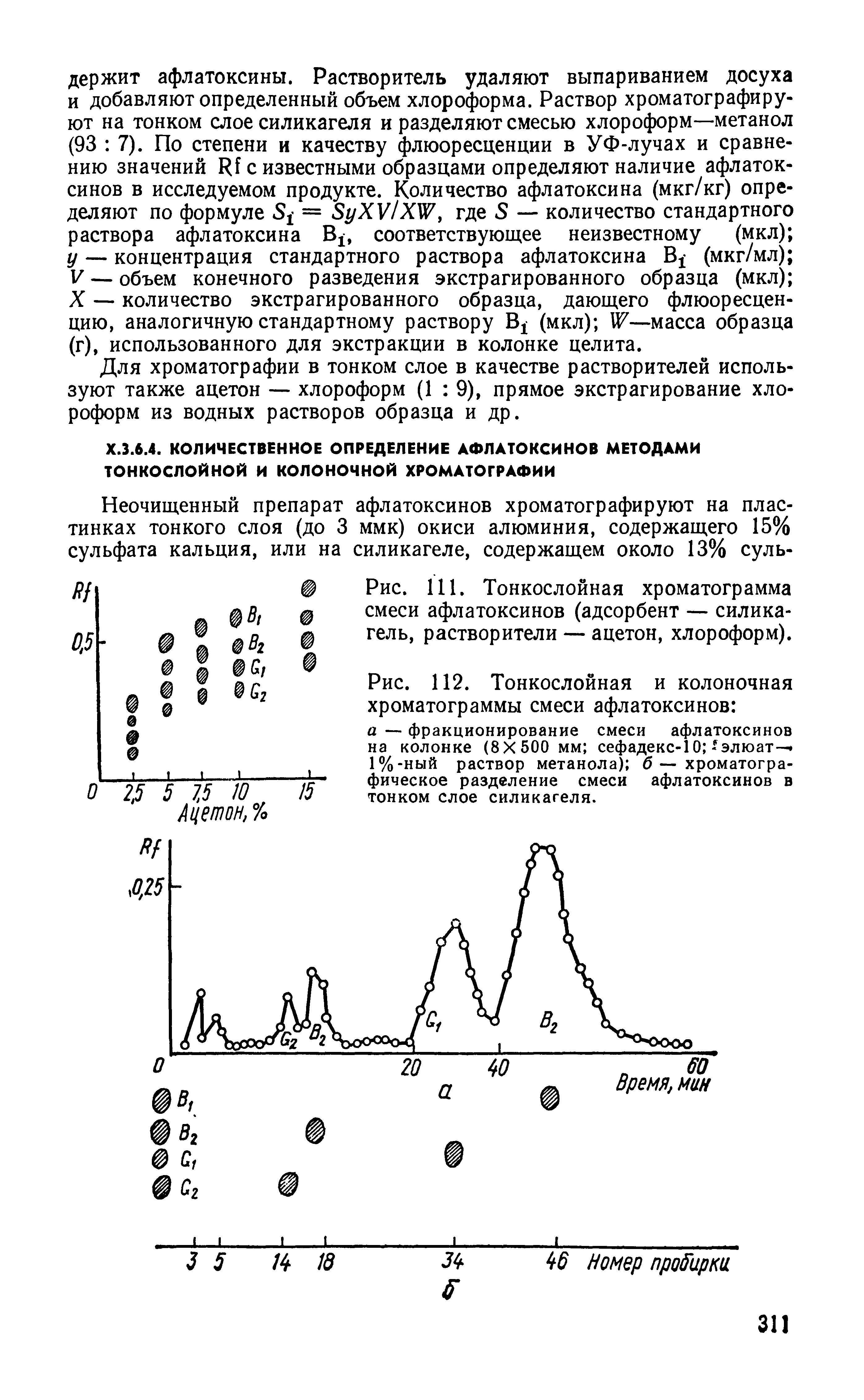 Рис. 112. Тонкослойная и колоночная хроматограммы смеси афлатоксинов а — фракционирование смеси афлатоксинов на колонке (8X500 мм сефадекс-10 -элюат— 1%-ный раствор метанола) б— хроматографическое разделение смеси афлатоксинов в тонком слое силикагеля.