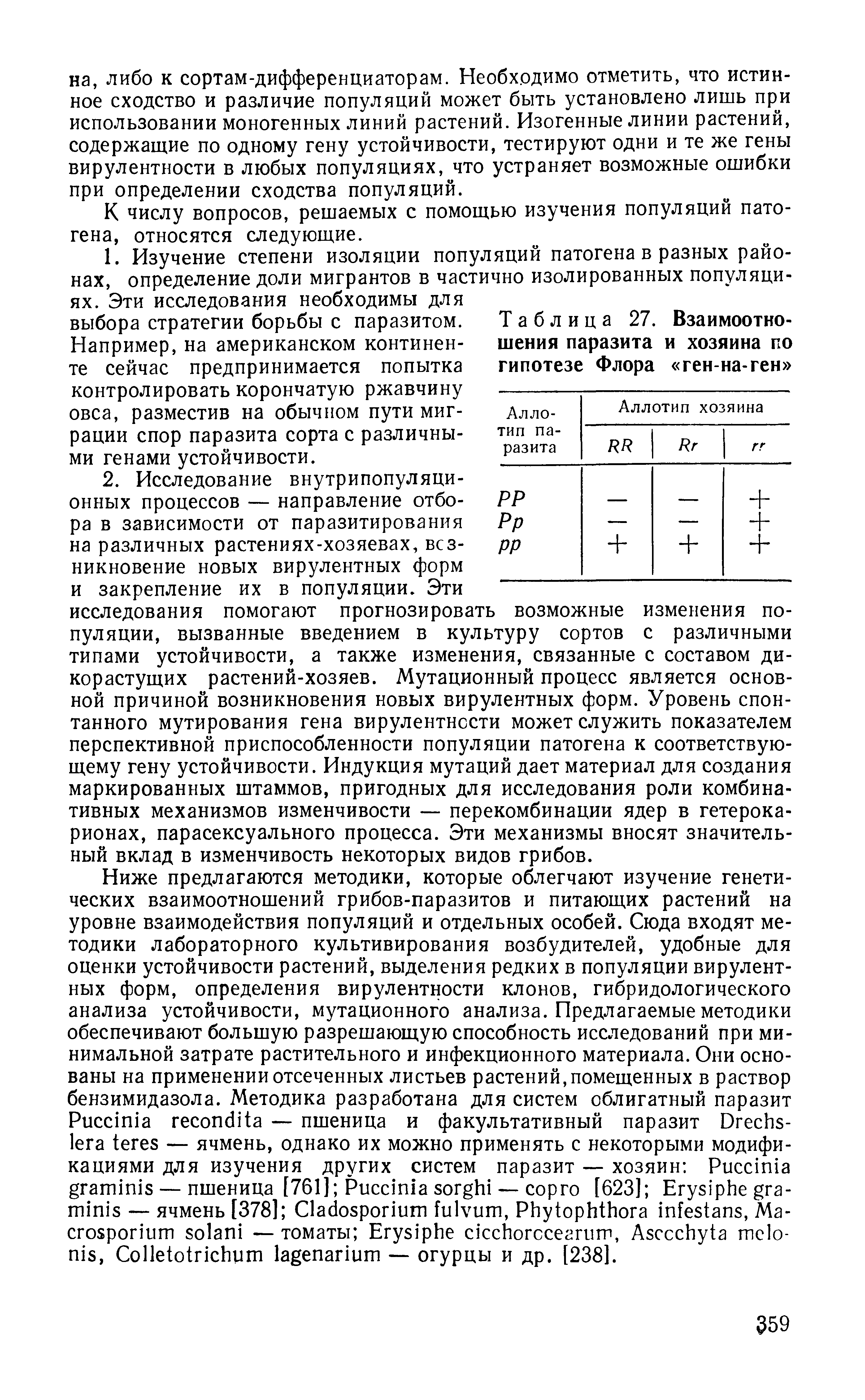 Таблица 27. Взаимоотношения паразита и хозяина по гипотезе Флора ген-на-ген ...