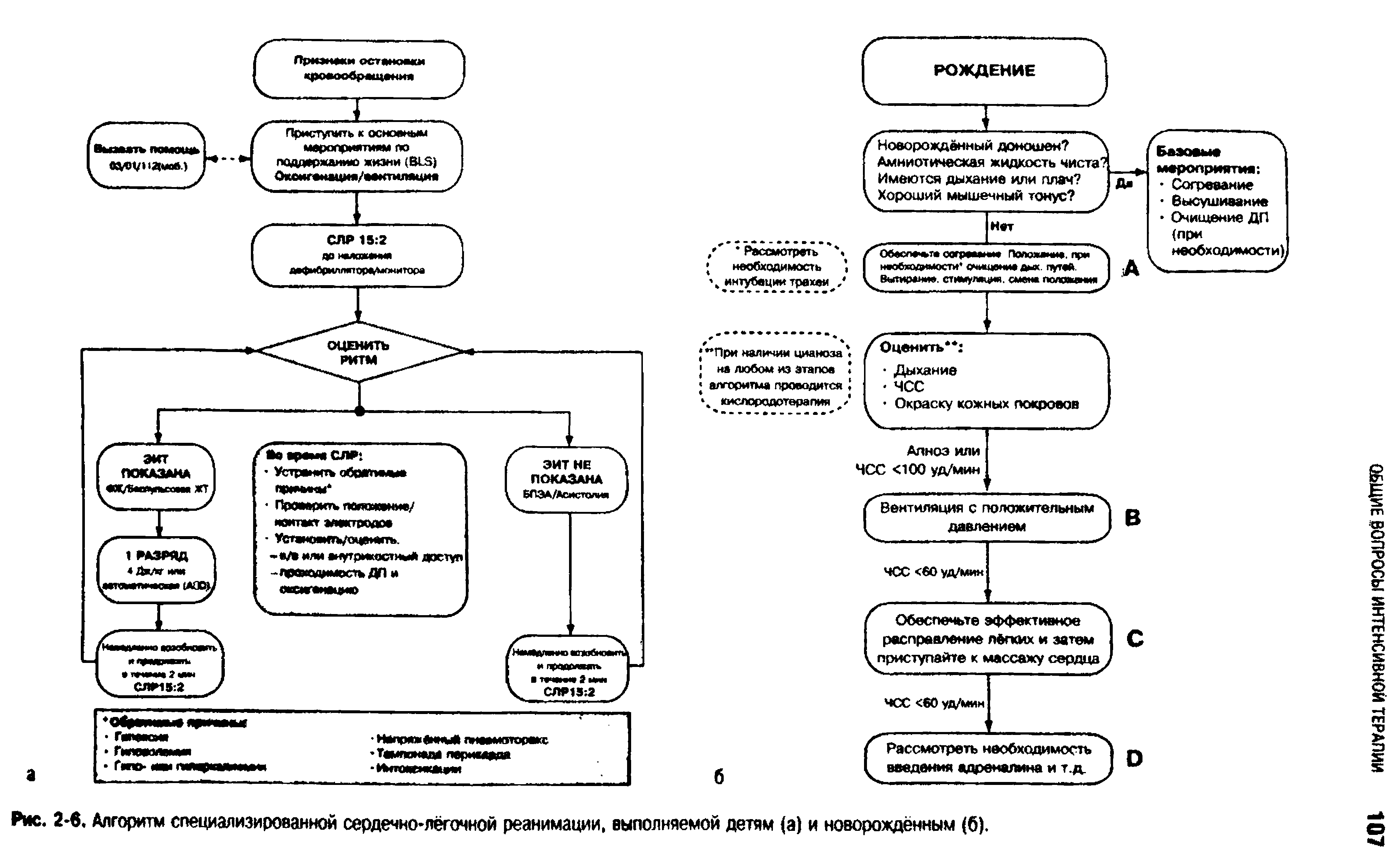 Рис. 2-6. Алгоритм специализированной сердечно-лёгочной реанимации, выполняемой детям (а) и новорождённым (б).