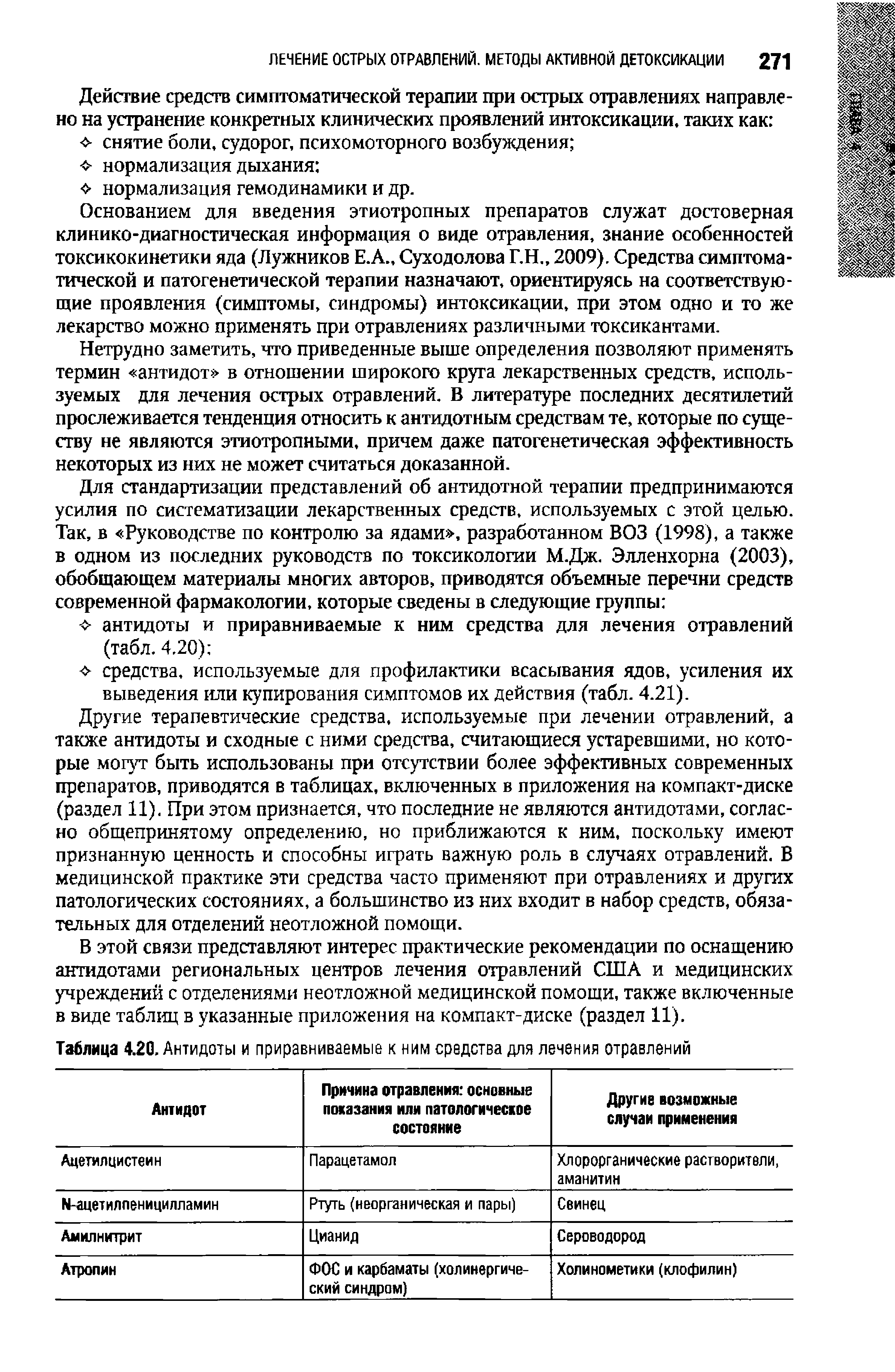 Таблица 4.20, Антидоты и приравниваемые к ним средства для лечения отравлений...