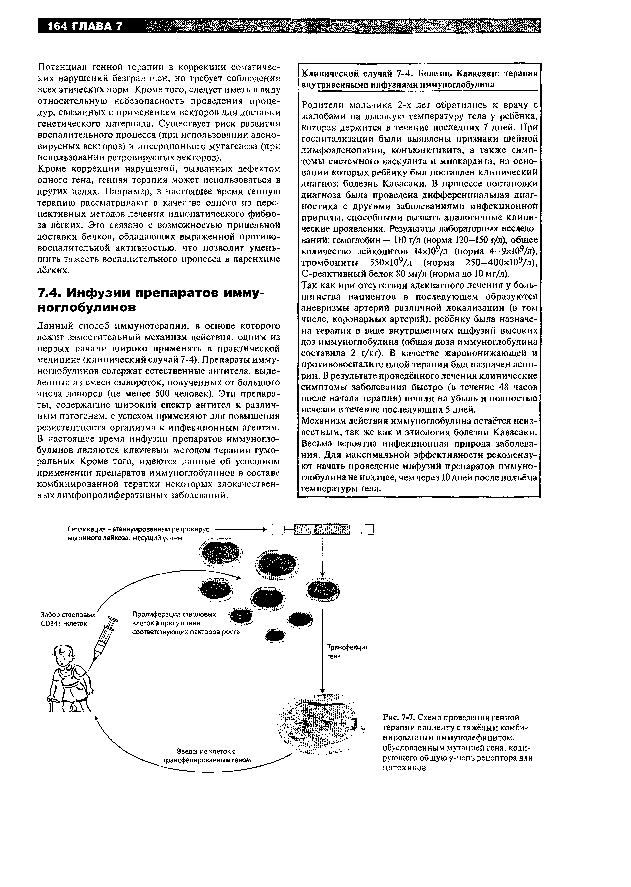 Рис. 7-7. Схема проведения генной терапии пациенту с тяжёлым комбинированным иммунодефицитом, обусловленным мутацией гена, кодирующего общую у-цепь рецептора для цитокинов...