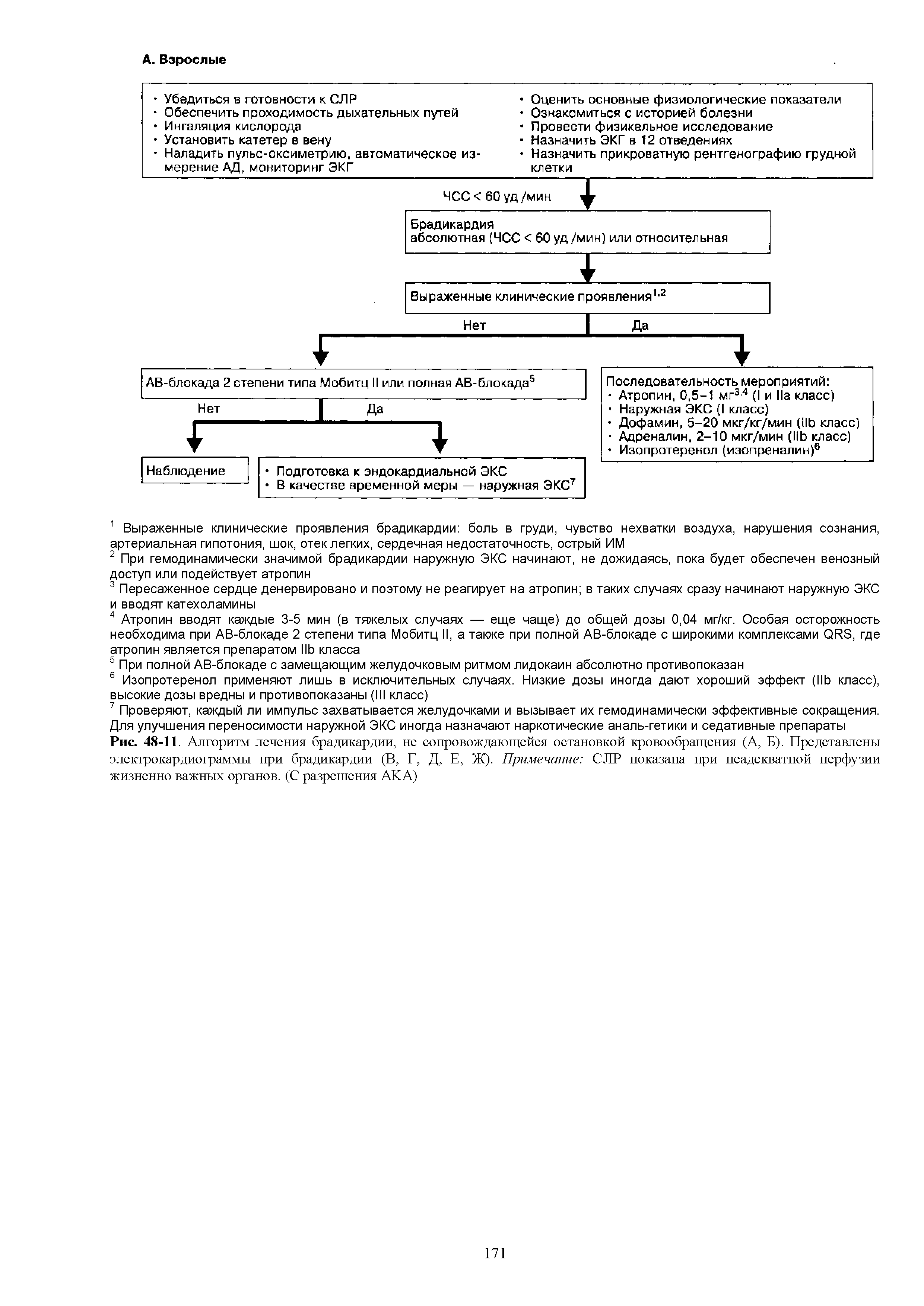 Рис. 48-11. Алгоритм лечения брадикардии, не сопровождающейся остановкой кровообращения (А, Б). Представлены электрокардиограммы при брадикардии (В, Г, Д, Е, Ж). Примечание СЛР показана при неадекватной перфузии жизненно важных органов. (С разрешения АКА)...