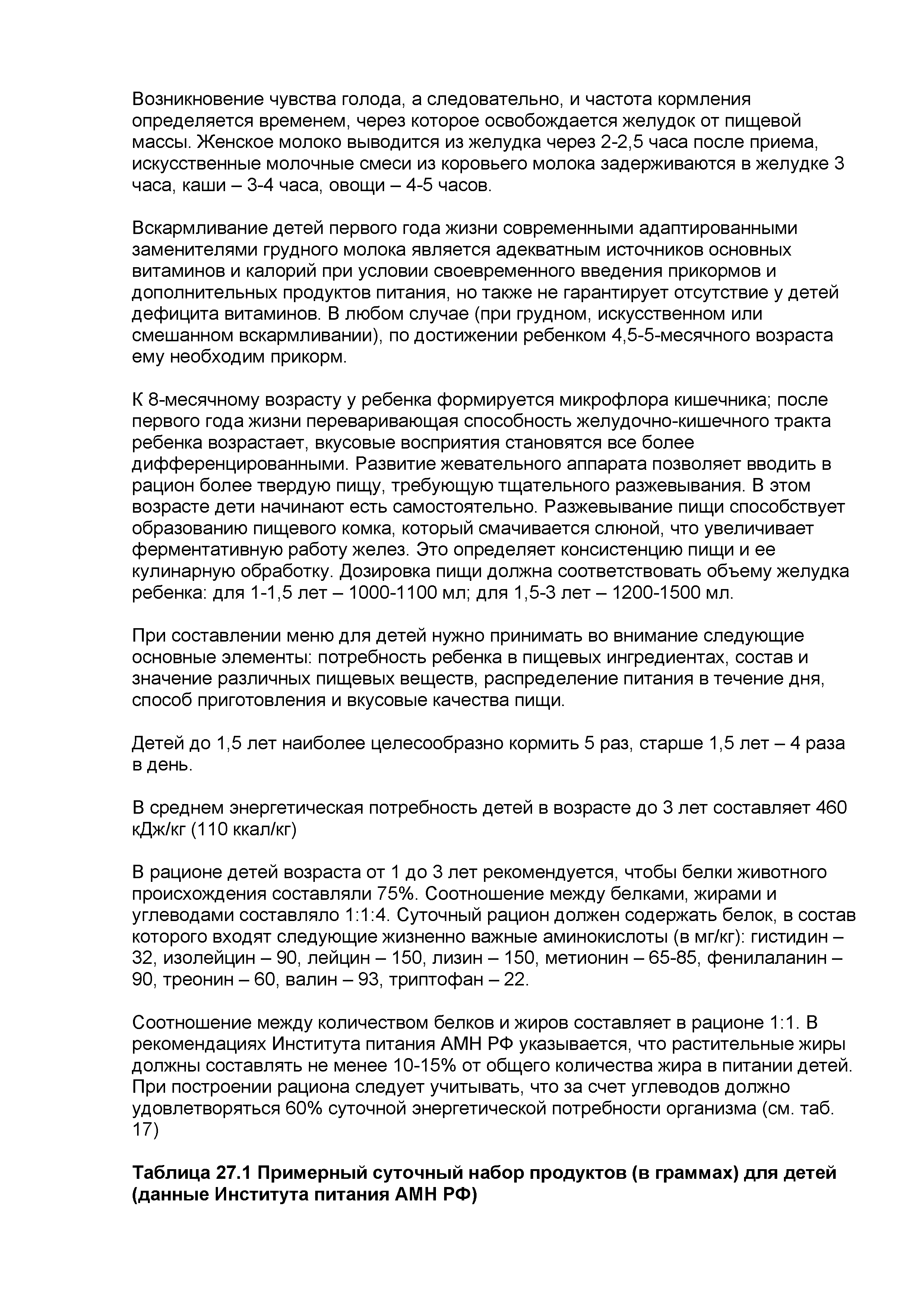 Таблица 27.1 Примерный суточный набор продуктов (в граммах) для детей (данные Института питания АМН РФ)...
