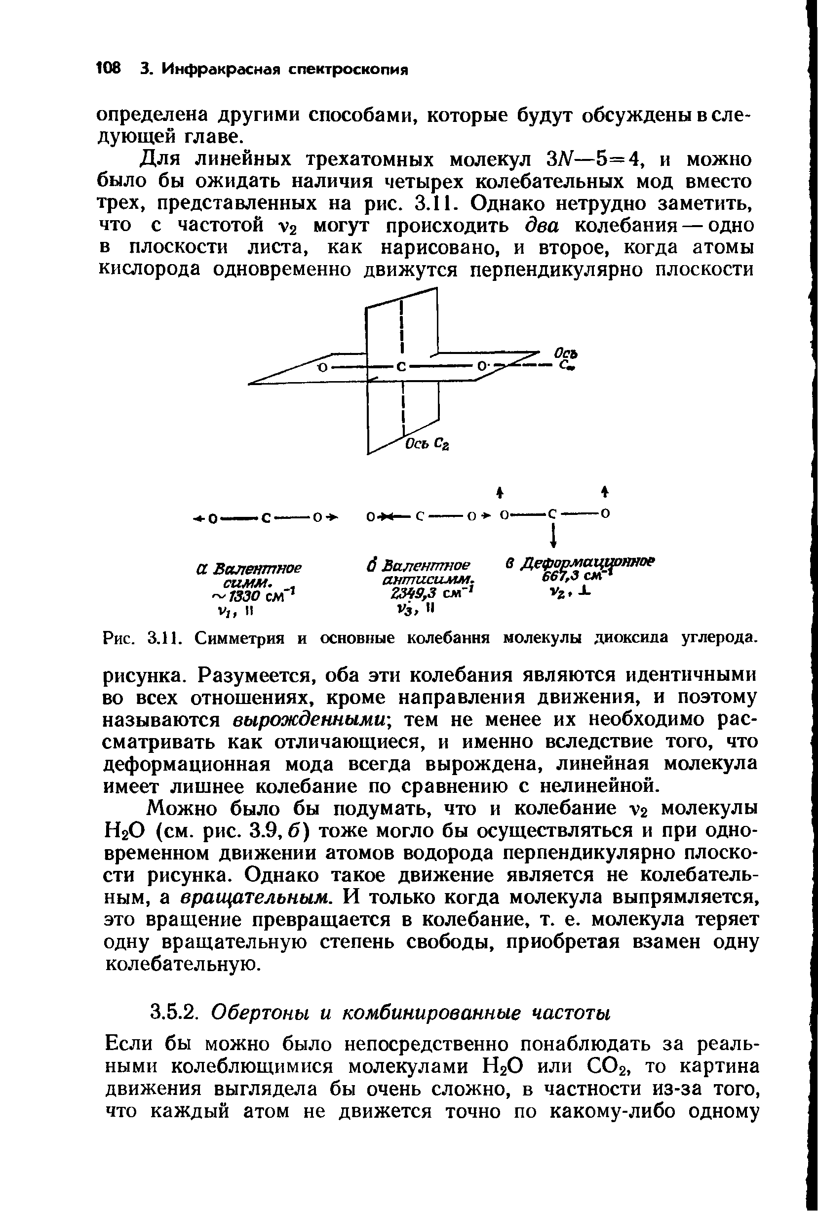 Рис. 3.11. Симметрия и основные колебания молекулы диоксида углерода.