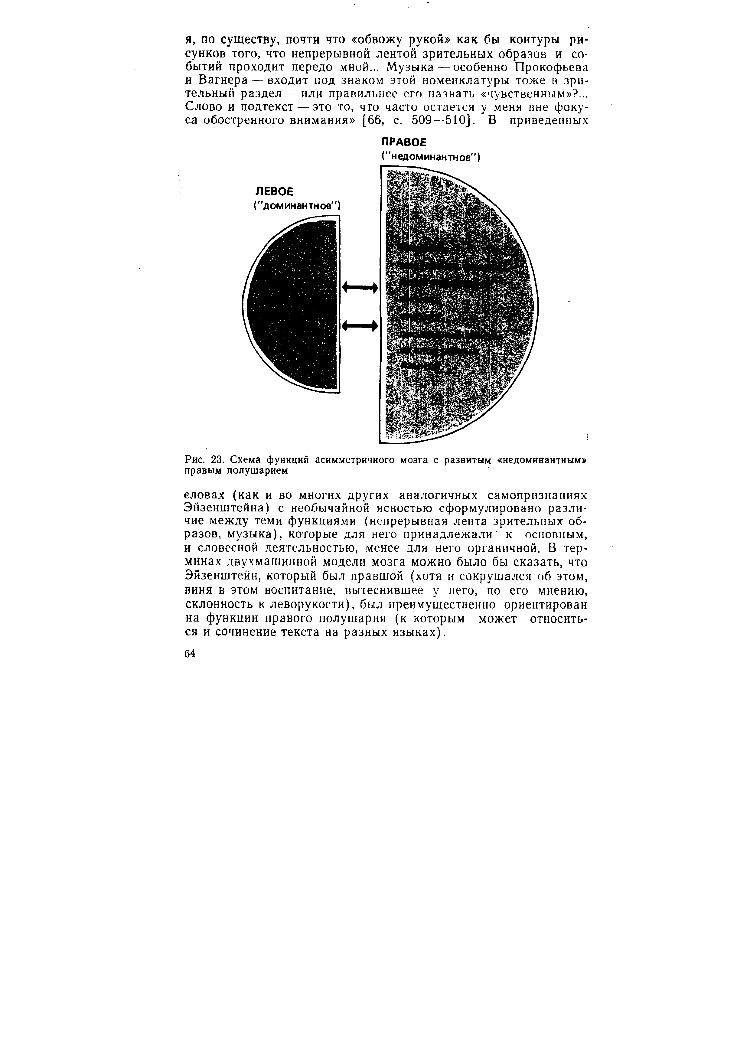 Рис. 23. Схема функций асимметричного мозга с развитым недоминантным правым полушарием...