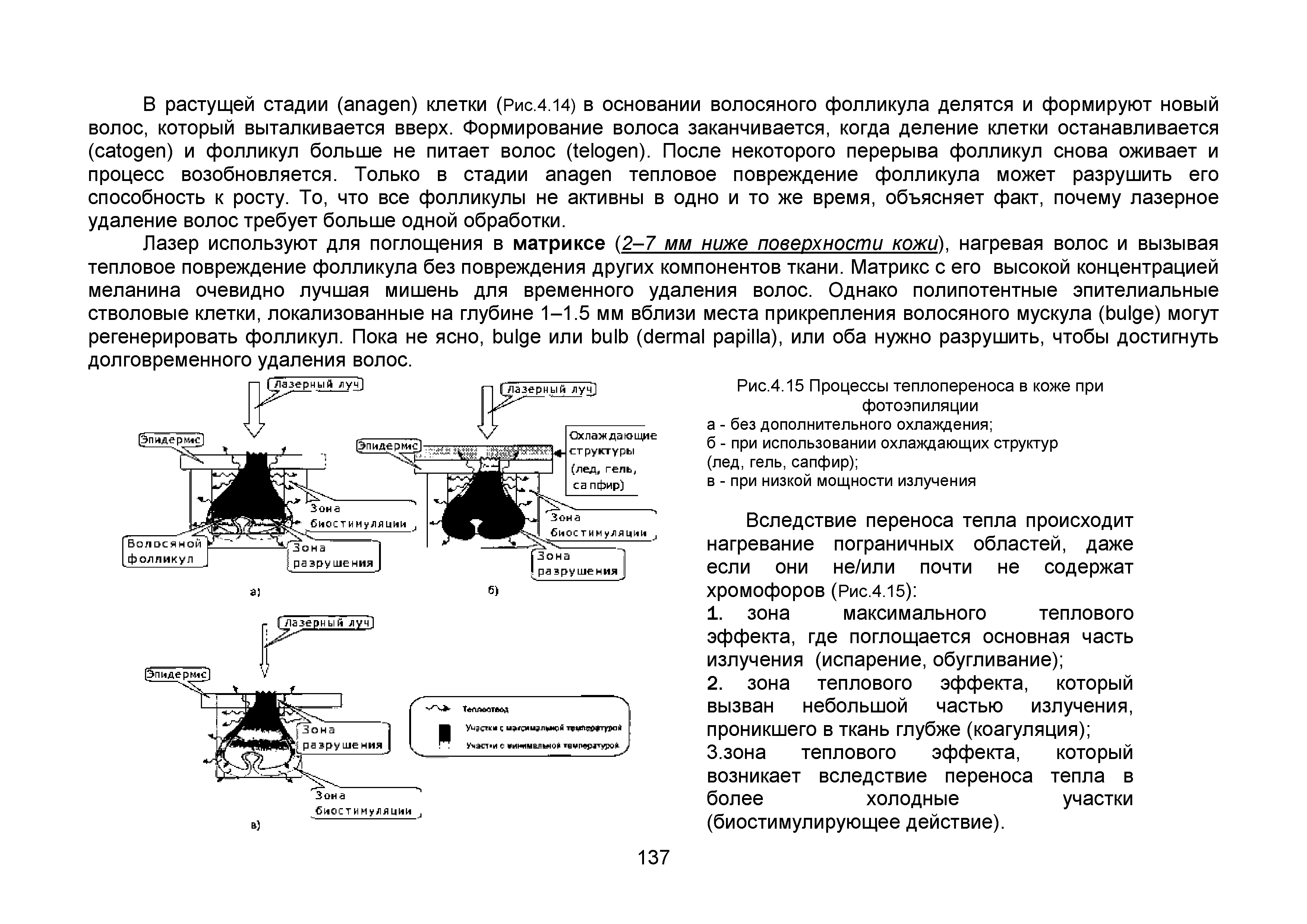 Рис.4.15 Процессы теплопереноса в коже при фотоэпиляции а - без дополнительного охлаждения ...