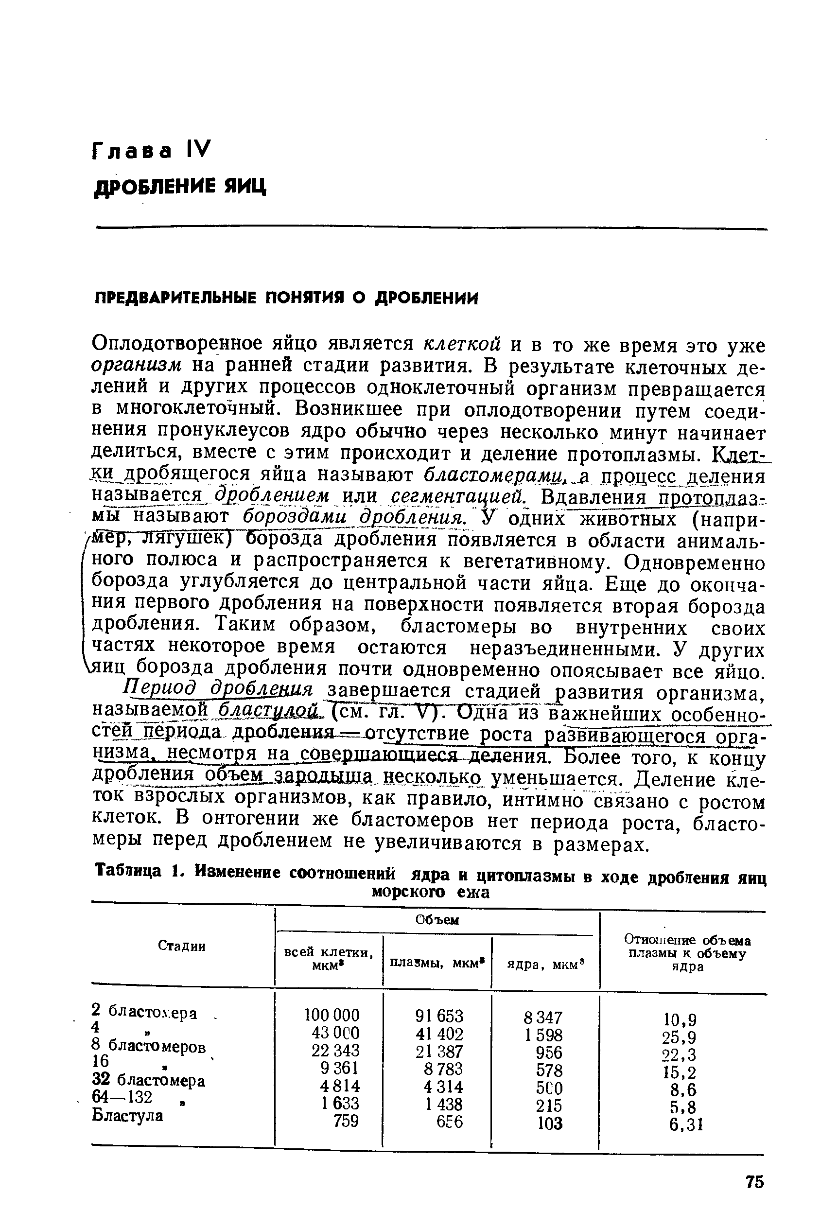 Таблица 1. Изменение соотношений ядра и цитоплазмы в ходе дробления яиц морского ежа...