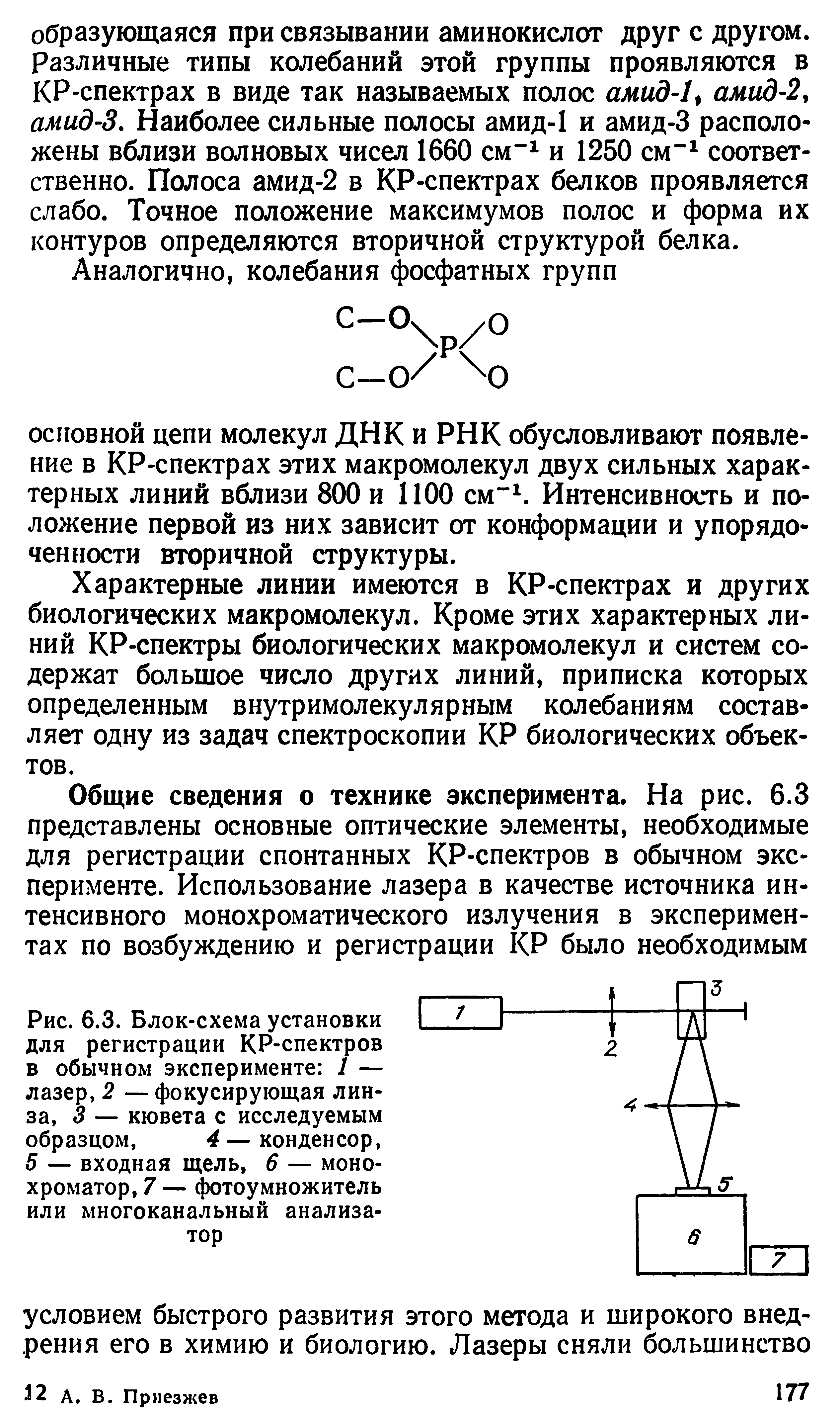 Рис. 6.3. Блок-схема установки для регистрации КР-спектров в обычном эксперименте 1 — лазер, 2 — фокусирующая линза, 3 — кювета с исследуемым образцом, 4—конденсор, 5 — входная щель, 6 — монохроматор, 7 — фотоумножитель или многоканальный анализатор...