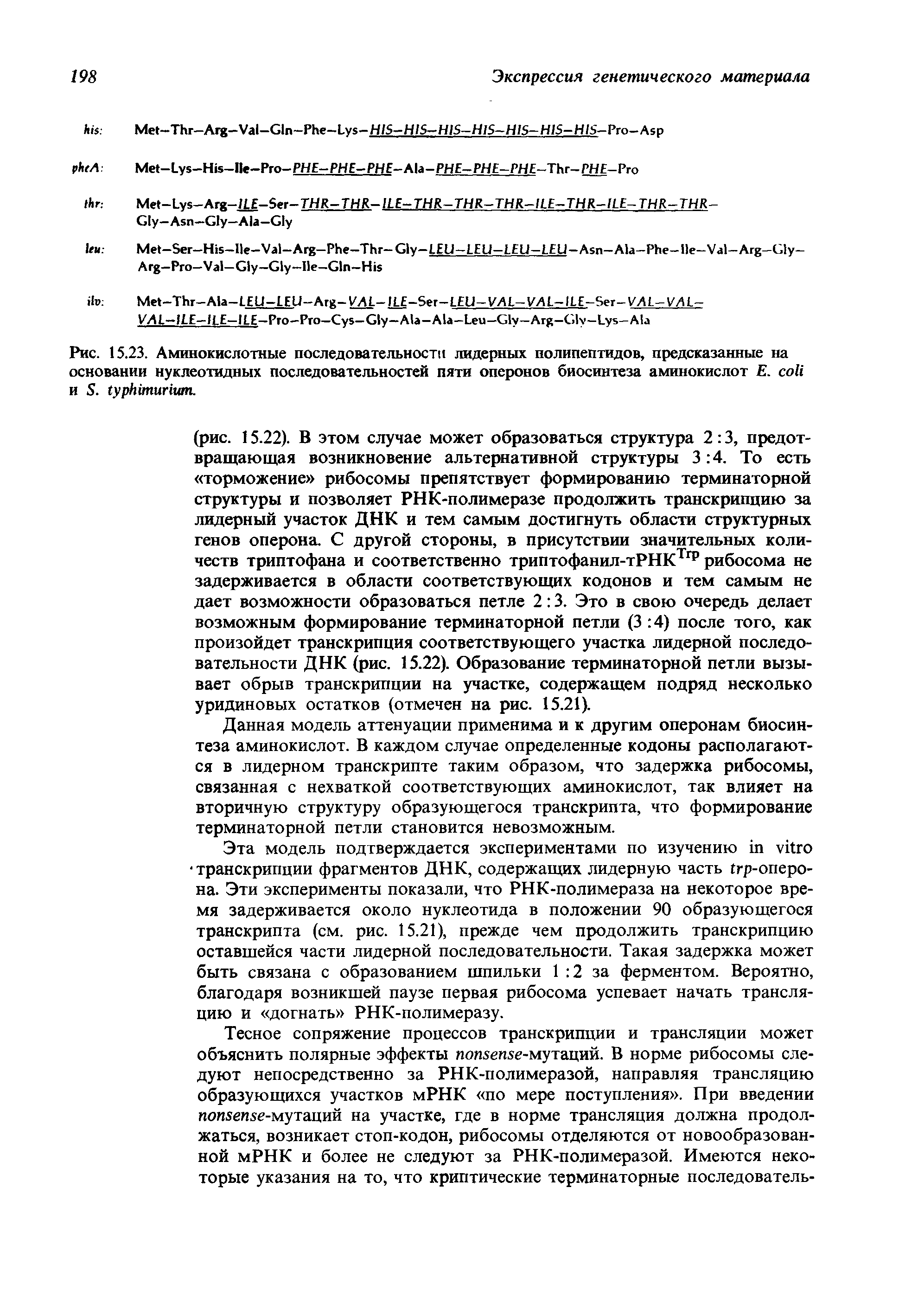 Рис. 15.23. Аминокислотные последовательности лидерных полипептидов, предсказанные на основании нуклеотидных последовательностей пяти оперонов биосинтеза аминокислот Е. и S. .