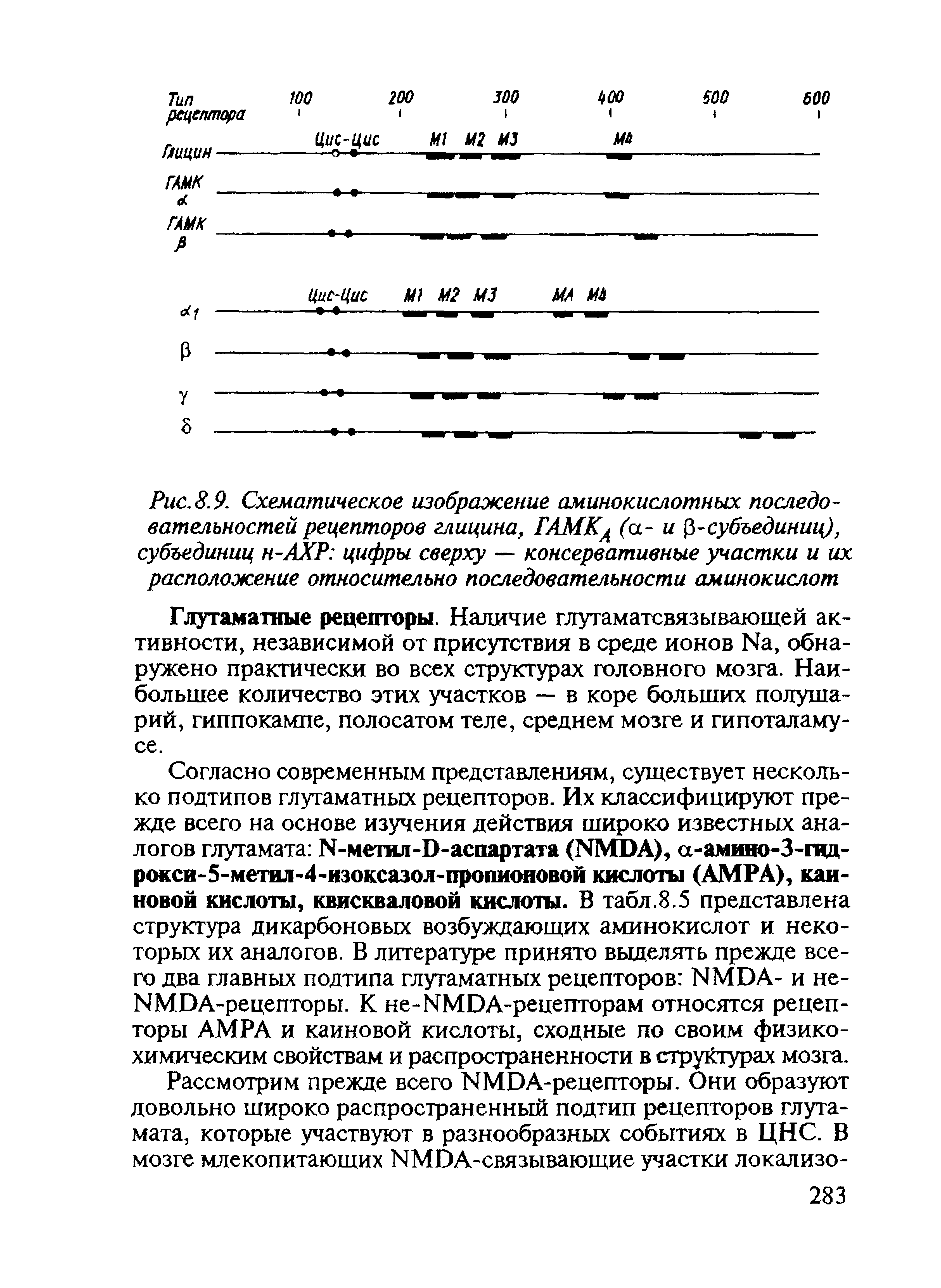 Рис. 8.9. Схематическое изображение аминокислотных последовательностей рецепторов глицина, ГЛМКА (а- и 0-субъединиц), субъединиц н-АХР цифры сверху — консервативные участки и их расположение относительно последовательности аминокислот...