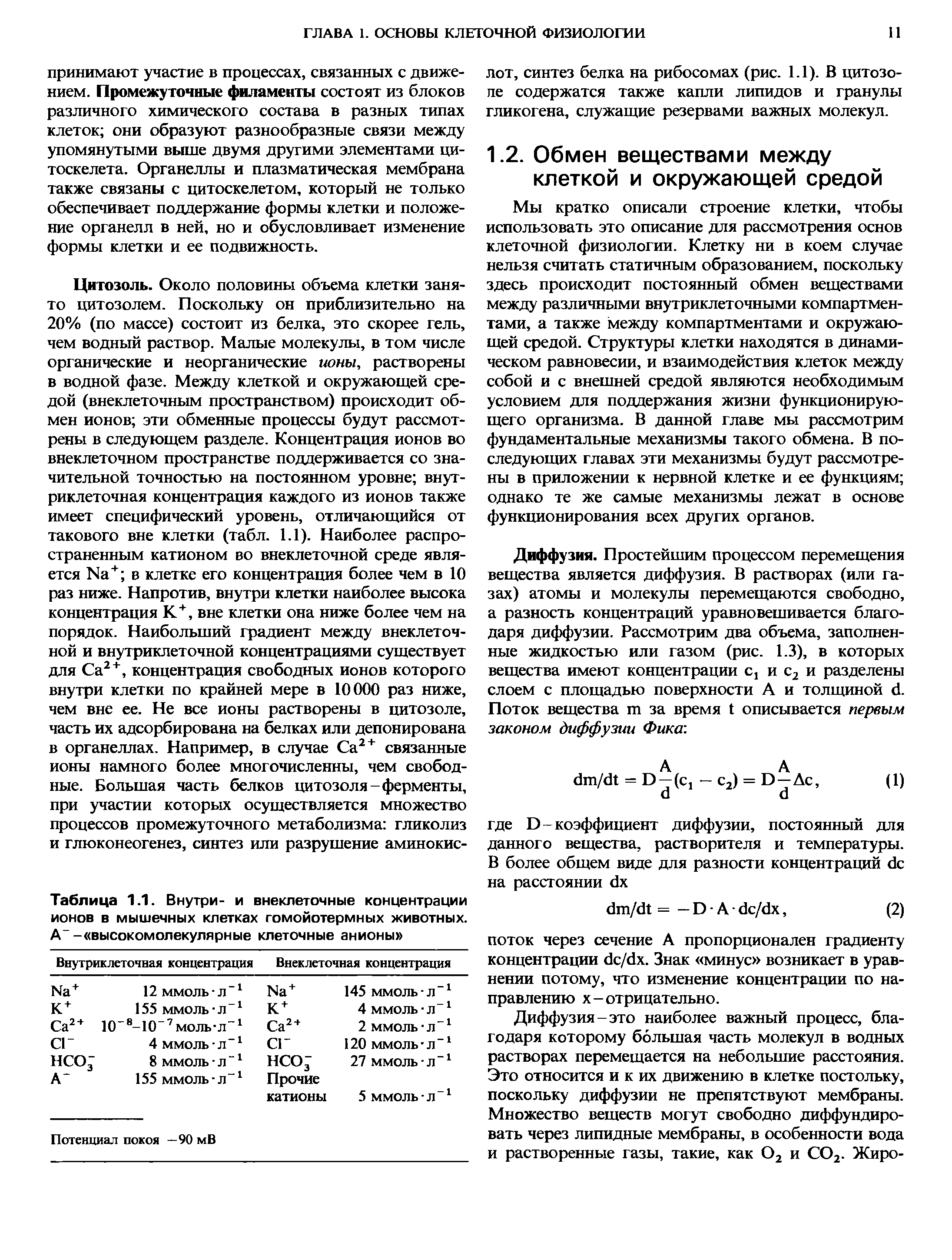 Таблица 1.1. Внутри- и внеклеточные концентрации ионов в мышечных клетках гомойотермных животных. А- - высокомолекулярные клеточные анионы ...