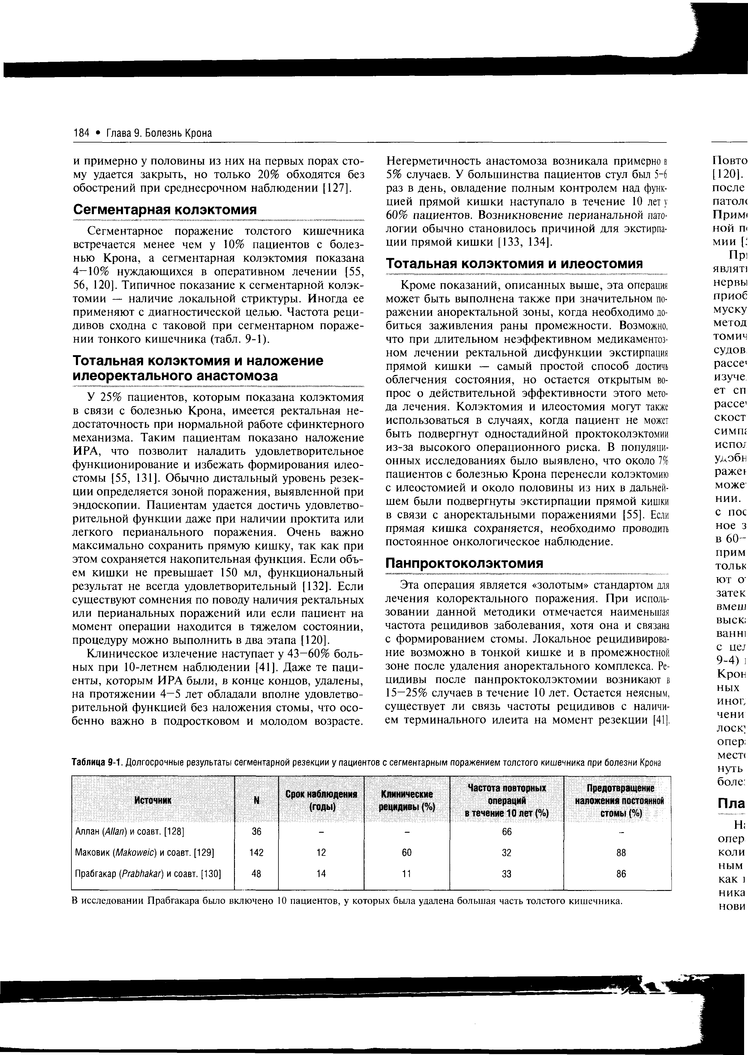 Таблица 9-1. Долгосрочные результаты сегментарной резекции у пациентов с сегментарным поражением толстого кишечника при болезни Крона...