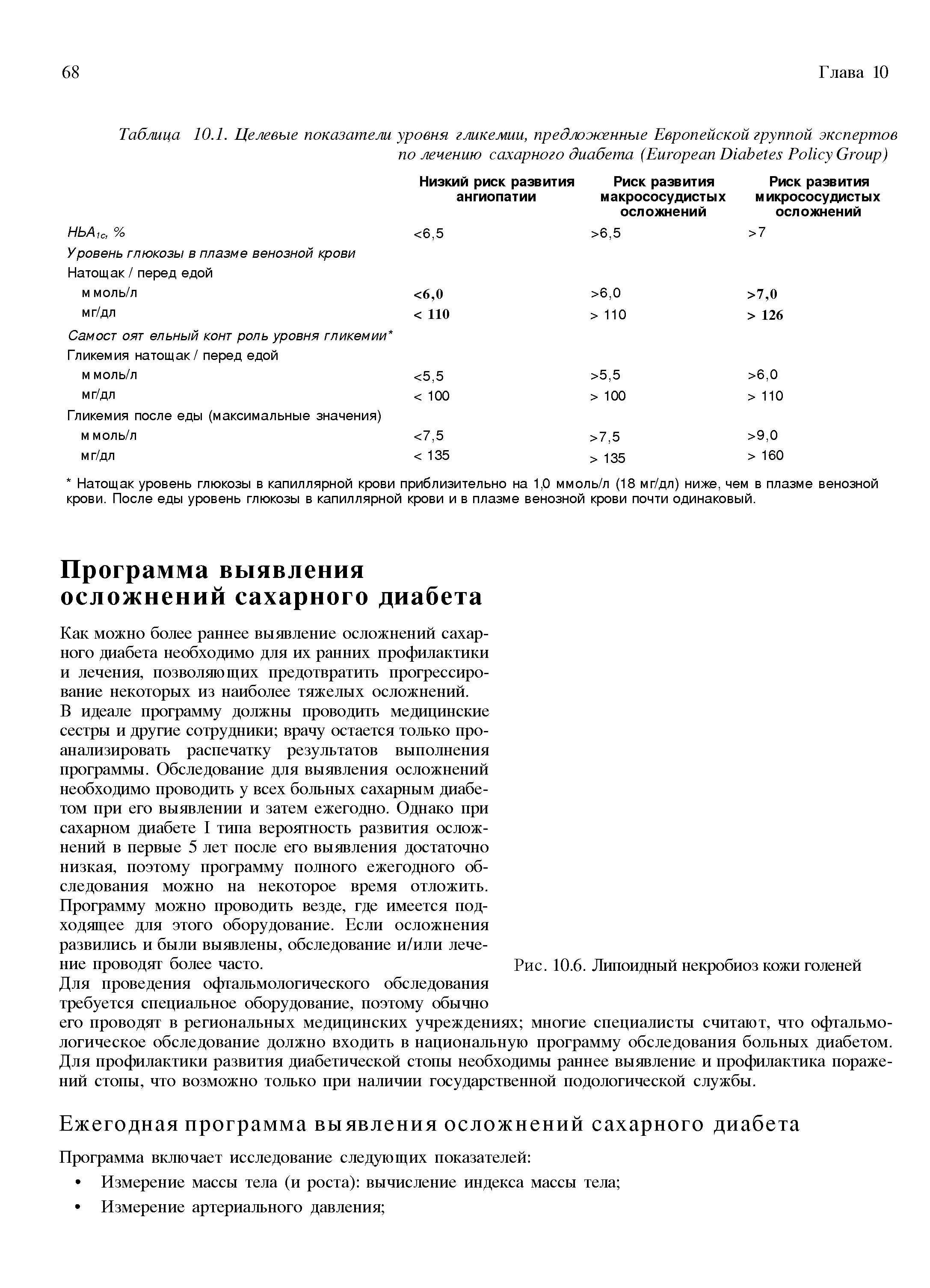 Таблица 10.1. Целевые показатели, уровня гликемии, предложенные Европейской группой экспертов по лечению сахарного диабета (E D P G )...