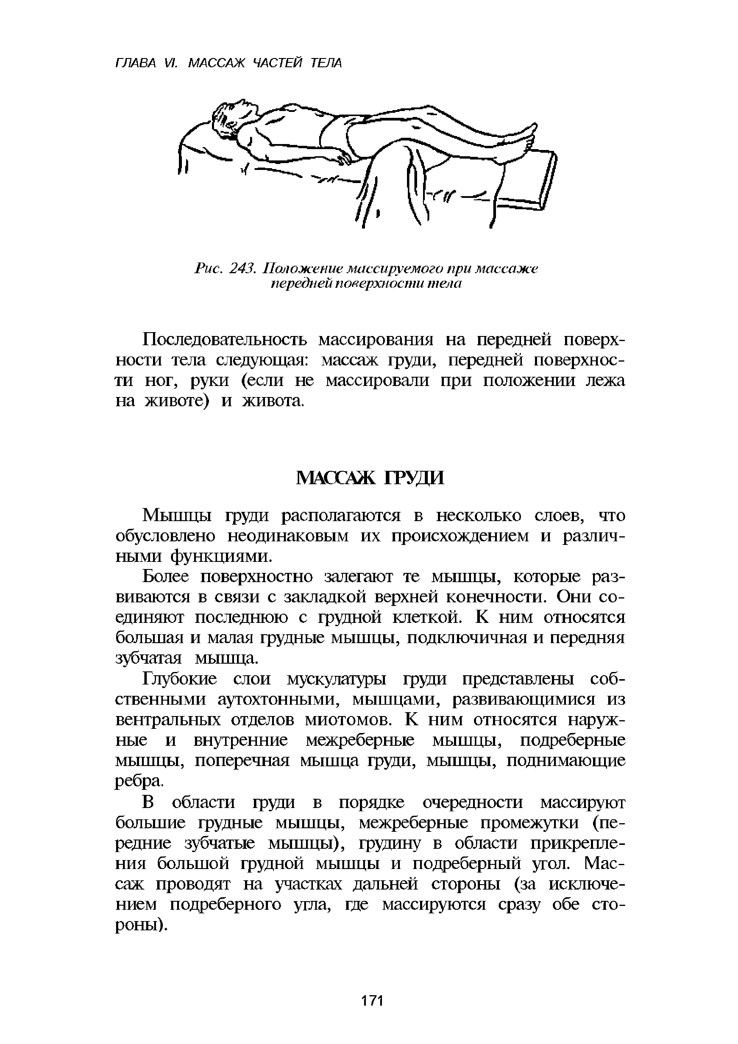 Рис. 243. Положение массируемого при массаже передней поверхности тела...