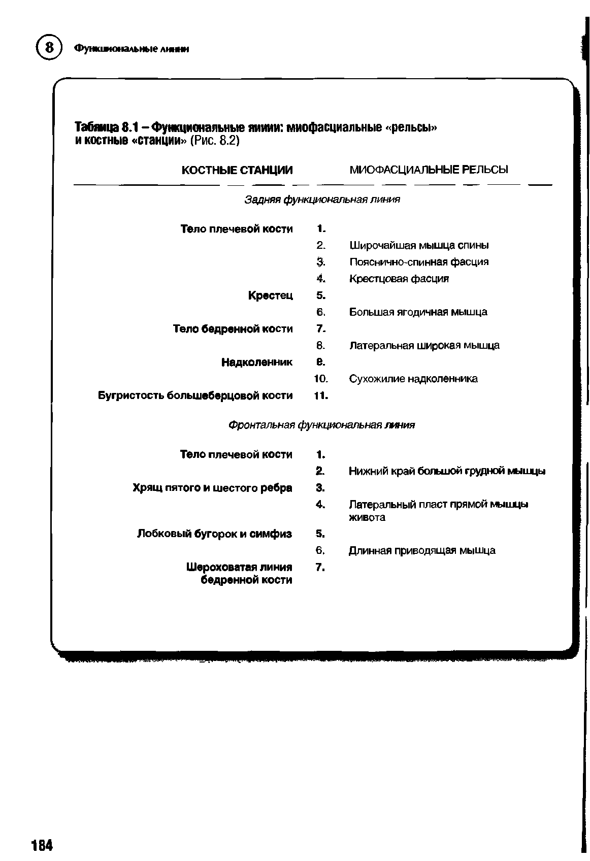 Таблица 8.1 - Функциональные линии миофасциальные рельсы и костные станции (Рис. 8.2)...