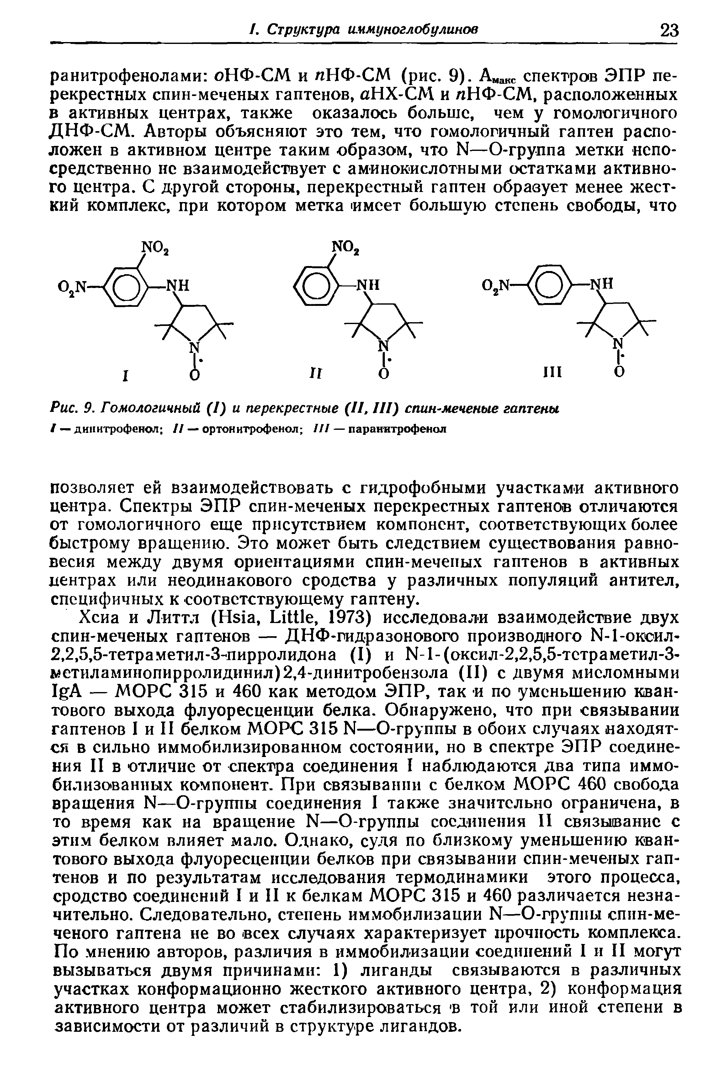 Рис. 9. Гомологичный (I) и перекрестные (II, III) спин-меченые гаптены / — динитрофенол // — ортонитрофенол 111— паранитрофенол...