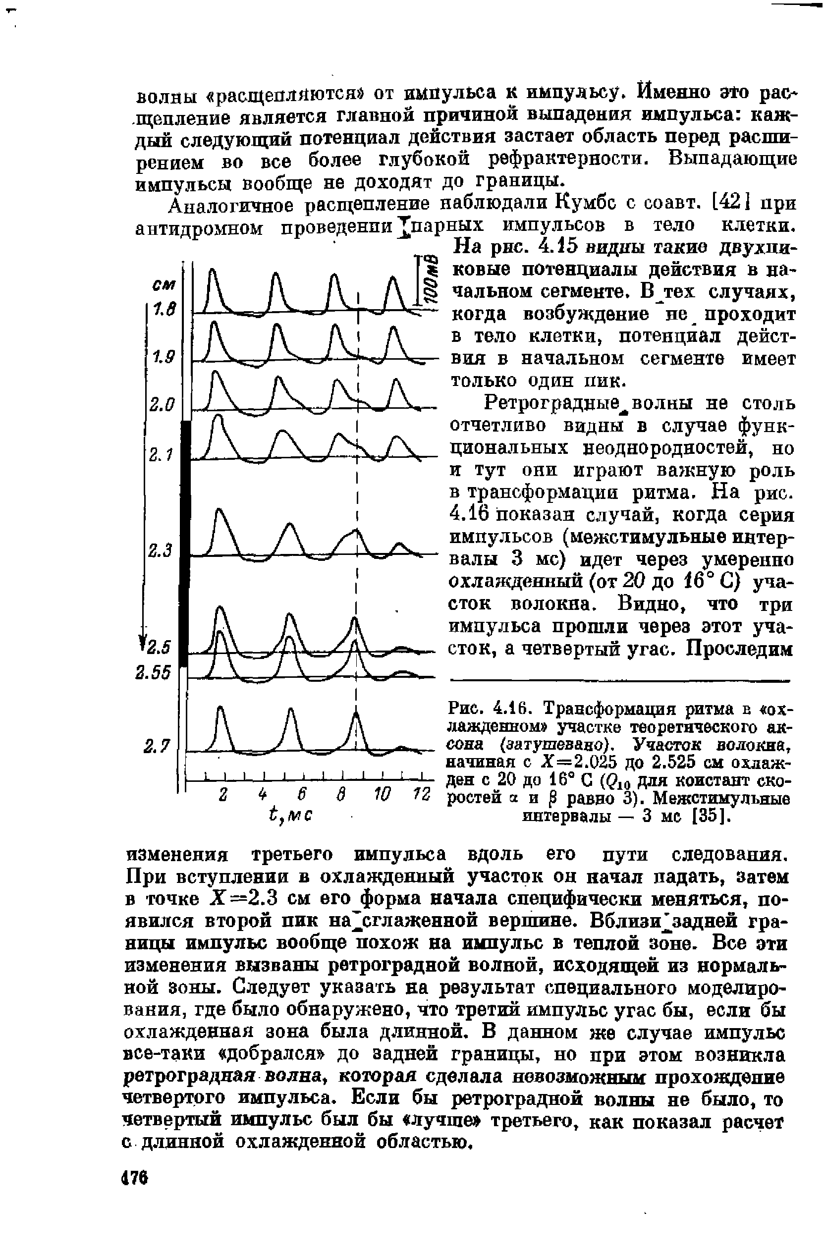 Рис. 4.16. Трансформация ритма в охлажденном участке теоретического аксона (затушевано). Участок волокна, начиная с Х=2.025 до 2.525 см охлажден с 20 до 16° С (Йо для констант скоростей аир равно 3). Межстимульные интервалы — 3 мс [35].