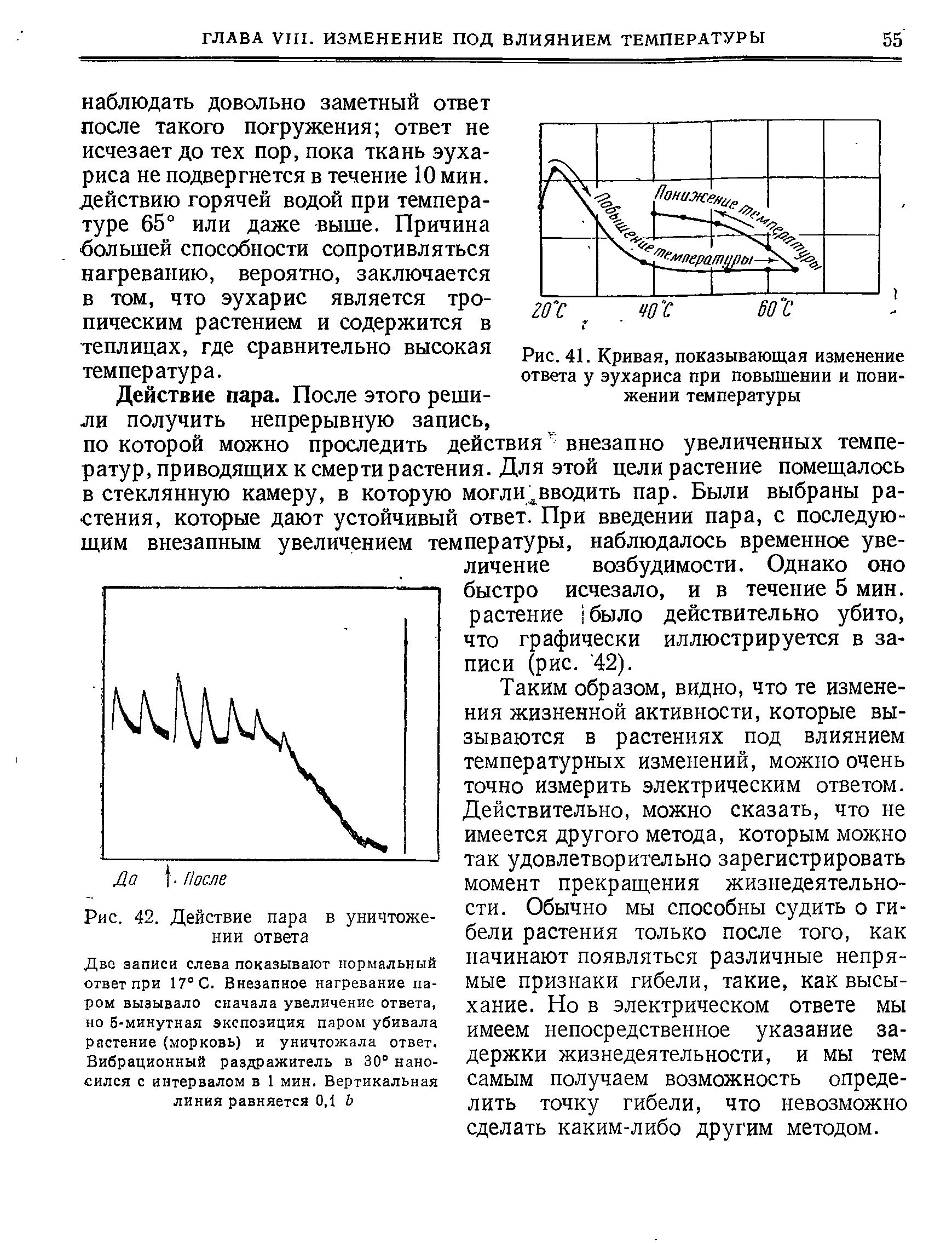 Рис. 41. Кривая, показывающая изменение ответа у эухариса при повышении и понижении температуры...