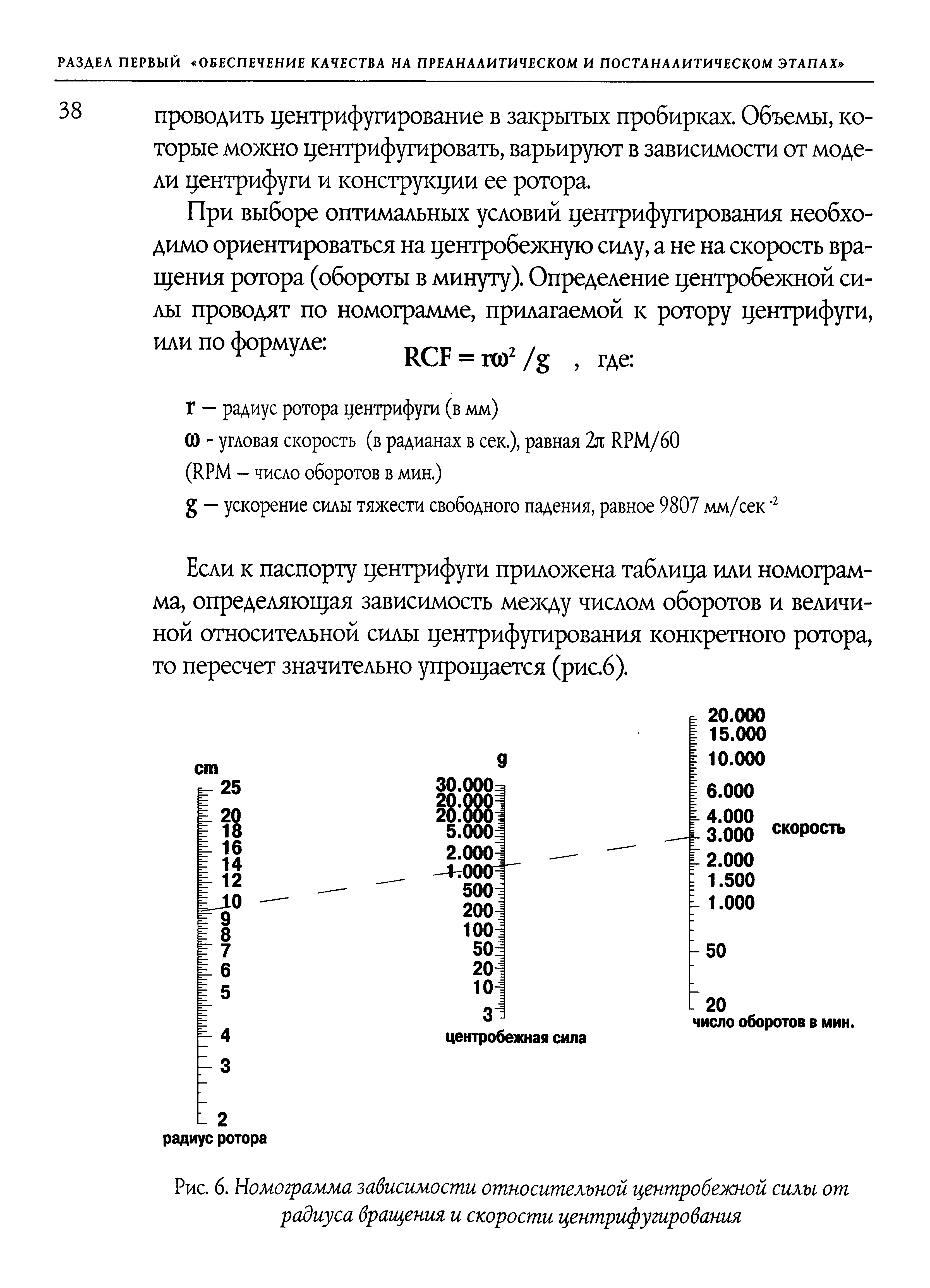 Рис. 6. Номограмма зависимости относительной центробежной силы от радиуса вращения и скорости центрифугирования...