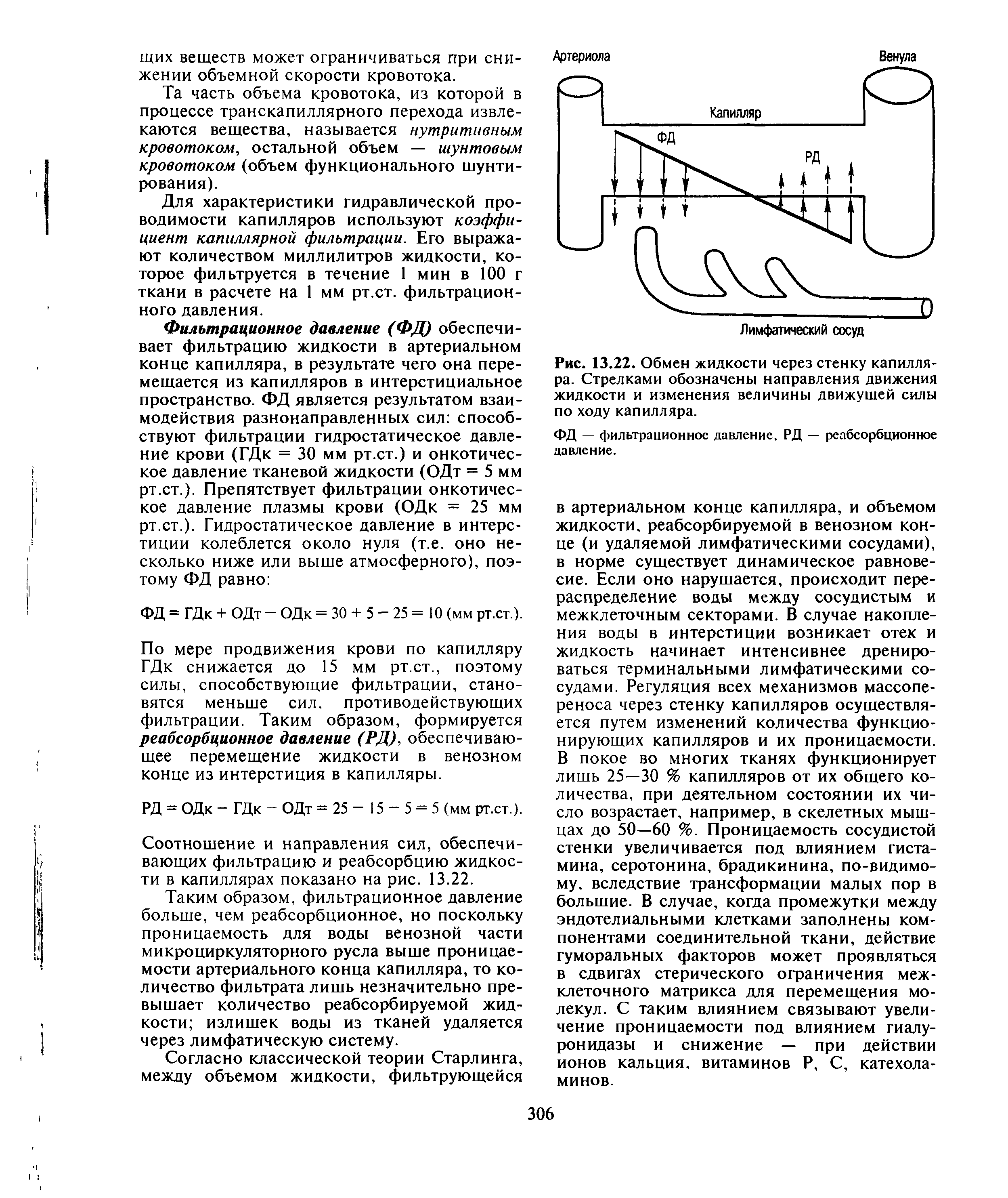 Рис. 13.22. Обмен жидкости через стенку капилляра. Стрелками обозначены направления движения жидкости и изменения величины движущей силы по ходу капилляра.