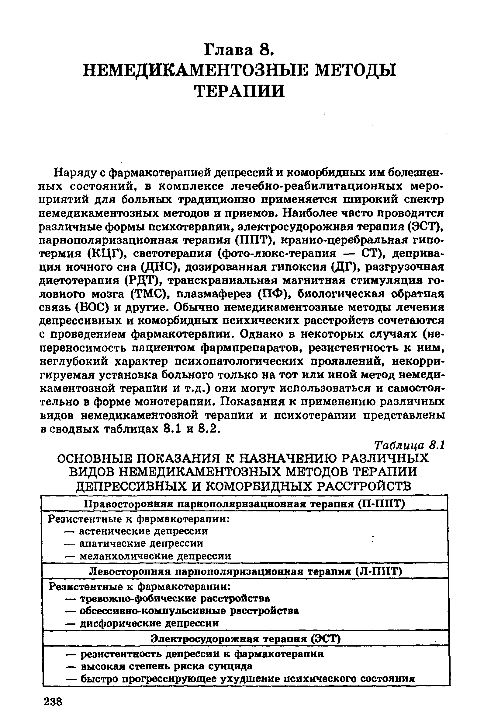 Таблица 8.1 ОСНОВНЫЕ ПОКАЗАНИЯ К НАЗНАЧЕНИЮ РАЗЛИЧНЫХ ВИДОВ НЕМЕДИКАМЕНТОЗНЫХ МЕТОДОВ ТЕРАПИИ ДЕПРЕССИВНЫХ И КОМОРБИДНЫХ РАССТРОЙСТВ...