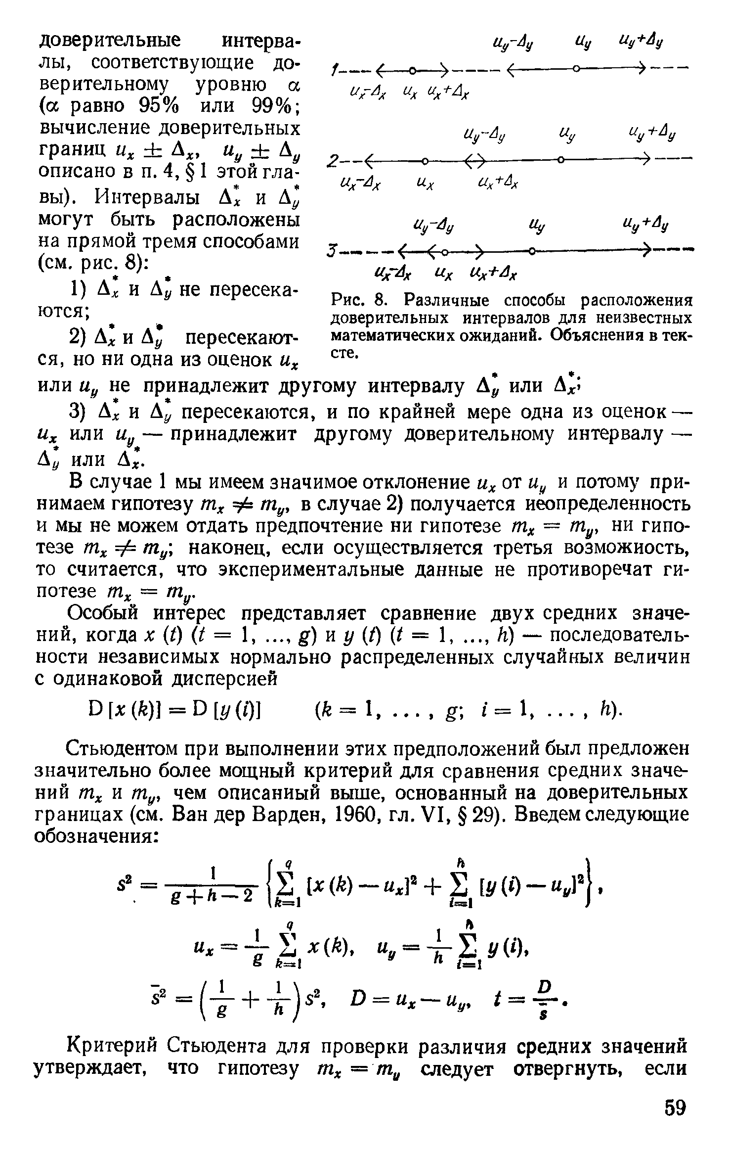 Рис. 8. Различные способы расположения доверительных интервалов для неизвестных математических ожиданий. Объяснения в тексте.