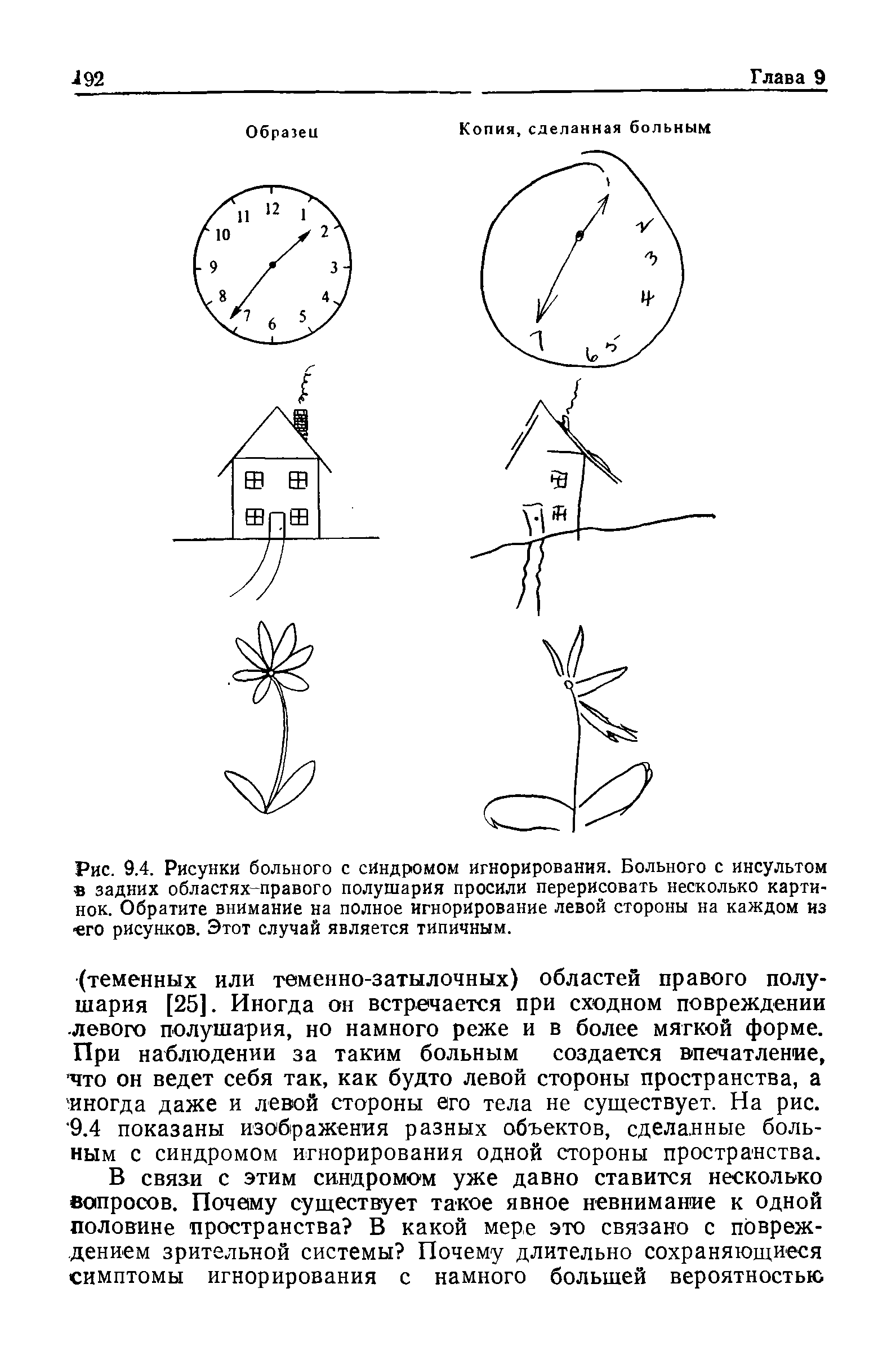 Рис. 9.4. Рисунки больного с синдромом игнорирования. Больного с инсультом в задних областях правого полушария просили перерисовать несколько картинок. Обратите внимание на полное игнорирование левой стороны на каждом из го рисунков. Этот случай является типичным.