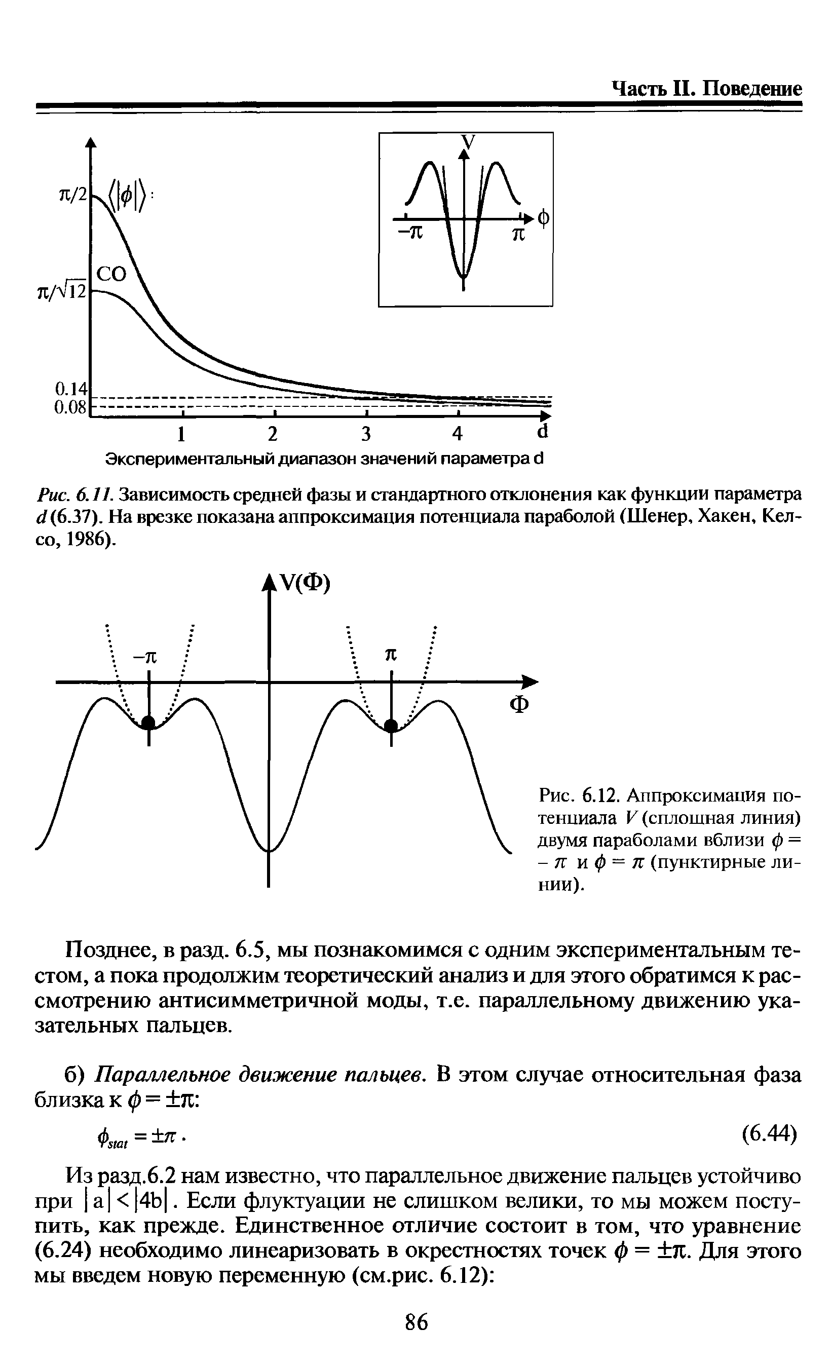 Рис. 6.11. Зависимость средней фазы и стандартного отклонения как функции параметра (I (637). На врезке показана аппроксимация потенциала параболой (Шенер, Хакен, Келсо, 1986).