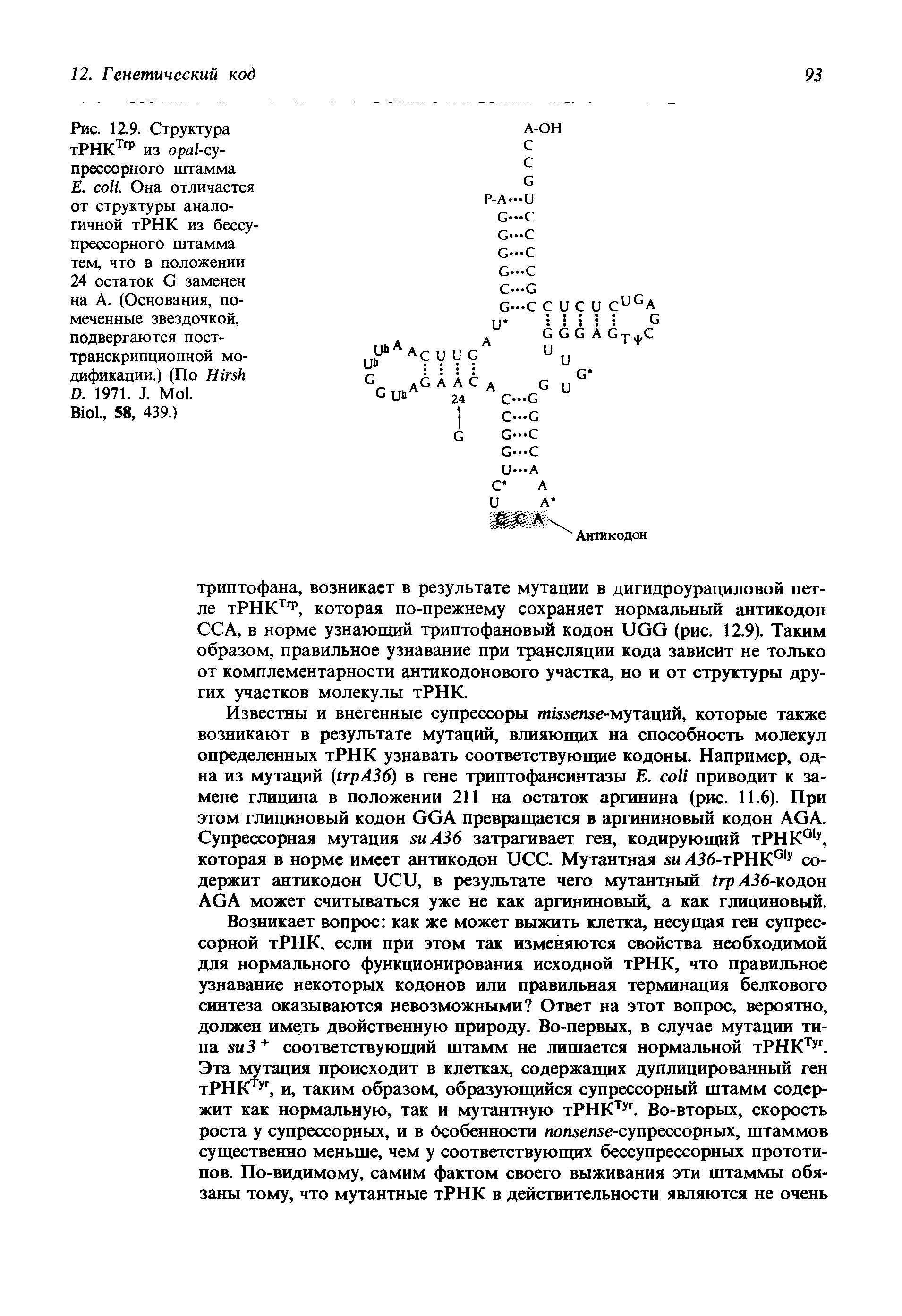 Рис. 12.9. Структура тРНКТг из - -прессорного штамма Е. . Она отличается от структуры аналогичной тРНК из бессу-прессорного штамма тем, что в положении 24 остаток G заменен на А. (Основания, помеченные звездочкой, подвергаются посттранскрипционной модификации.) (По H D. 1971. J. M .