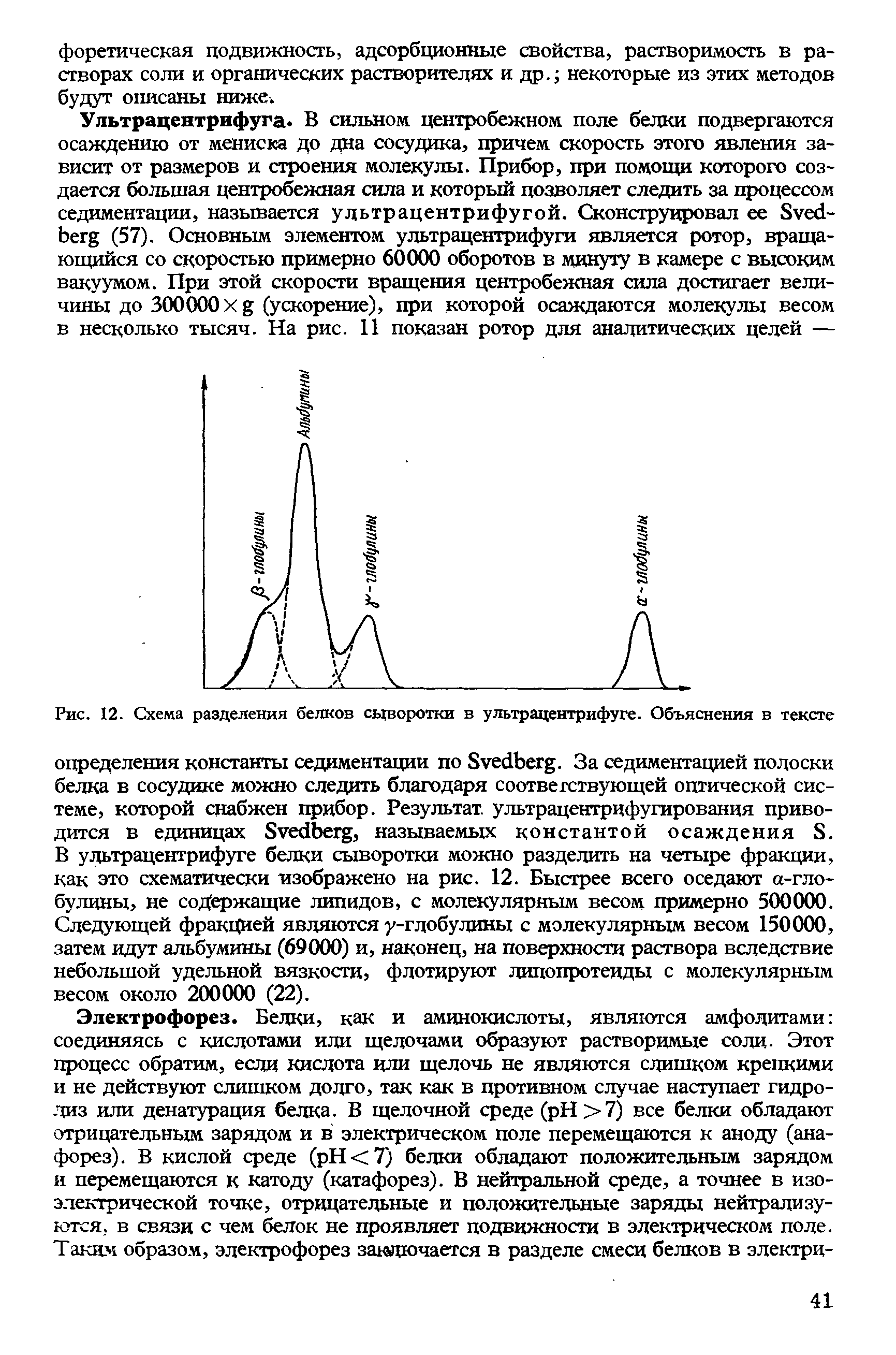 Рис. 12. Схема разделения белков сыворотки в ультрацентрифуге. Объяснения в тексте...