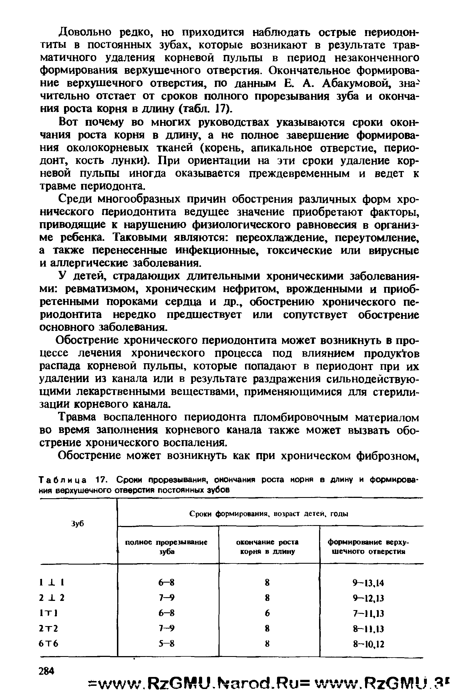 Таблица 17. Сроки прорезывания, окончания роста корня в длину и формирования верхушечного отверстия постоянных зубов...