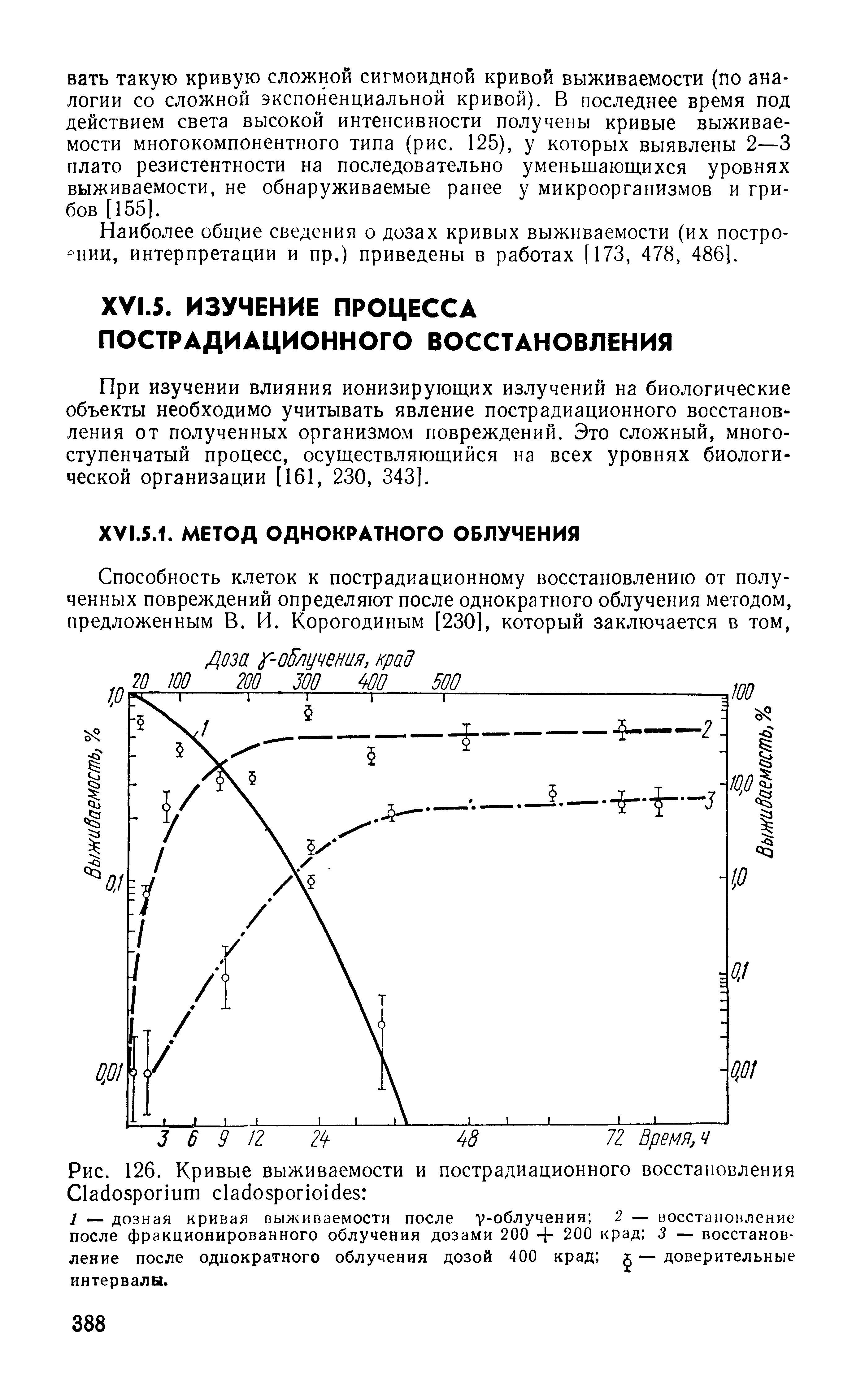 Рис. 126. Кривые выживаемости и пострадиационного восстановления С1ас1о5ропит с1або5рог1О1 йе5 ...