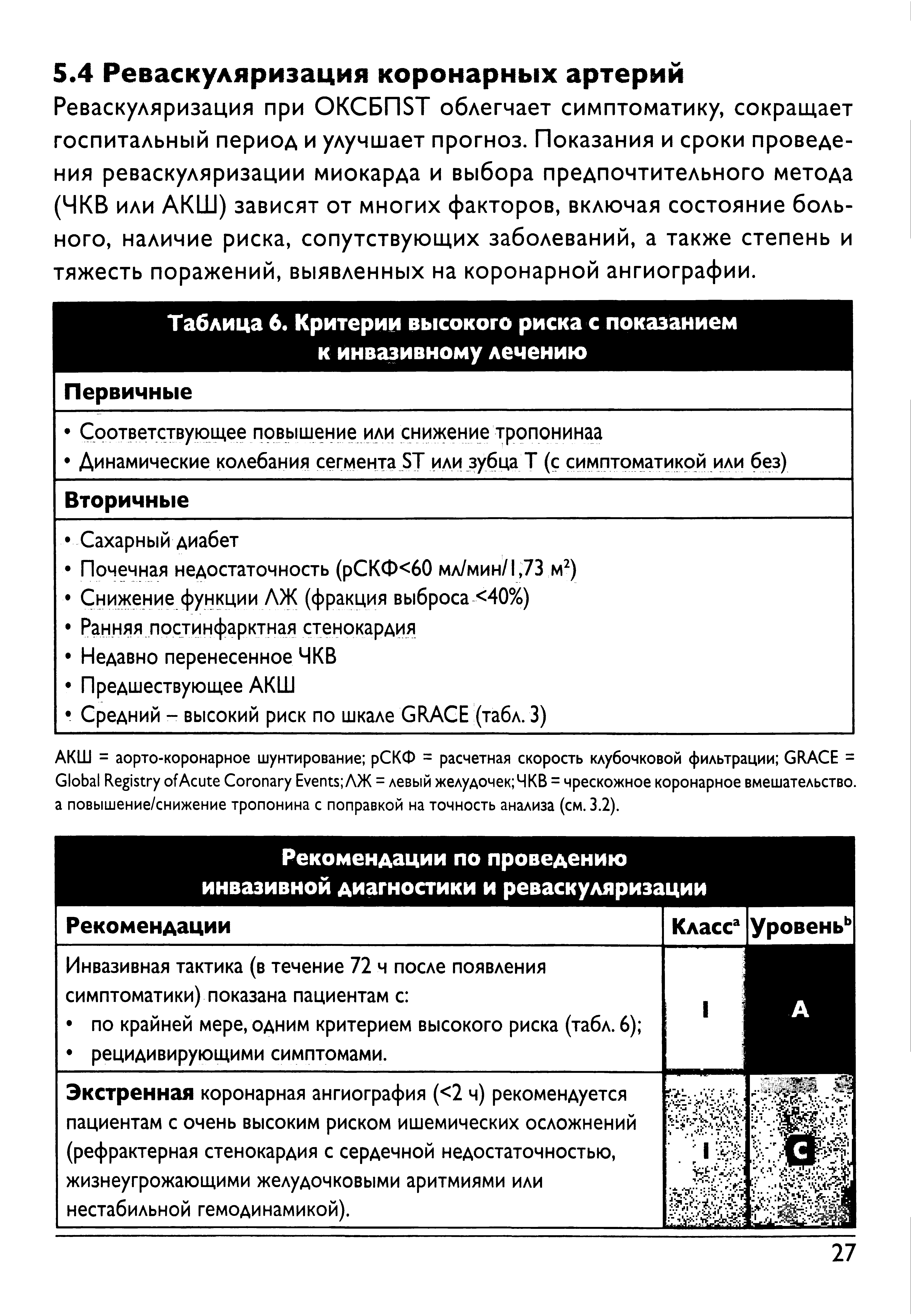 Таблица 6. Критерии высокого риска с показанием к инвазивному лечению...