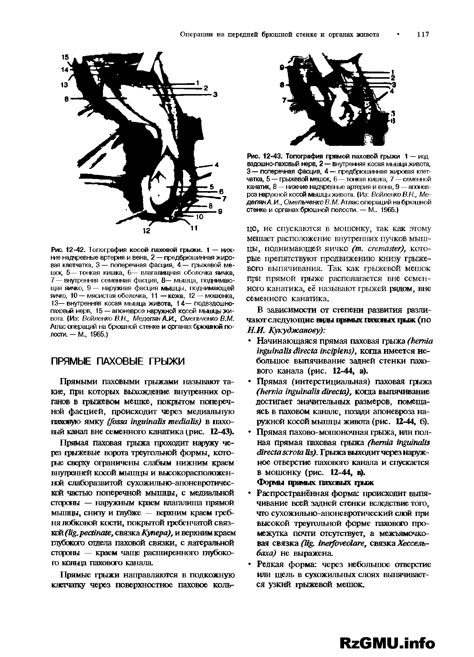 Рис. 12-43. Топография прямой паховой грыжи 1 — иод вэдошно-паховый нерв, 2 — внутренняя косая мышца живота, 3 — поперечная фасция, 4 — предбрюшинная жировая клетчатка, 5 — грыжевой мешок, 6 — тонкая кишка, 7 — семенной канатик, 8 — нижние надчревные артерия и вена, 9 — апоневроз наружной косой мышцы живота. (Из Войленко В.Н., Ме-депянА.И., Омельченко В.М. Атлас операций на брюшной стенке и органах брюшной полости. — М.. 1965.)...