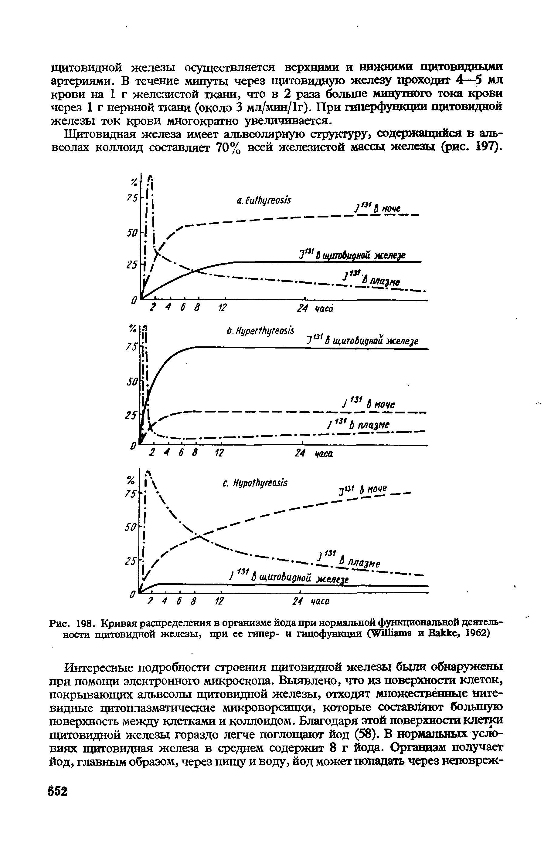 Рис. 198. Кривая распределения в организме йода при нормальной функциональной деятельности щитовидной железы, при ее гипер- и гипофункции (W и B , 1962)...