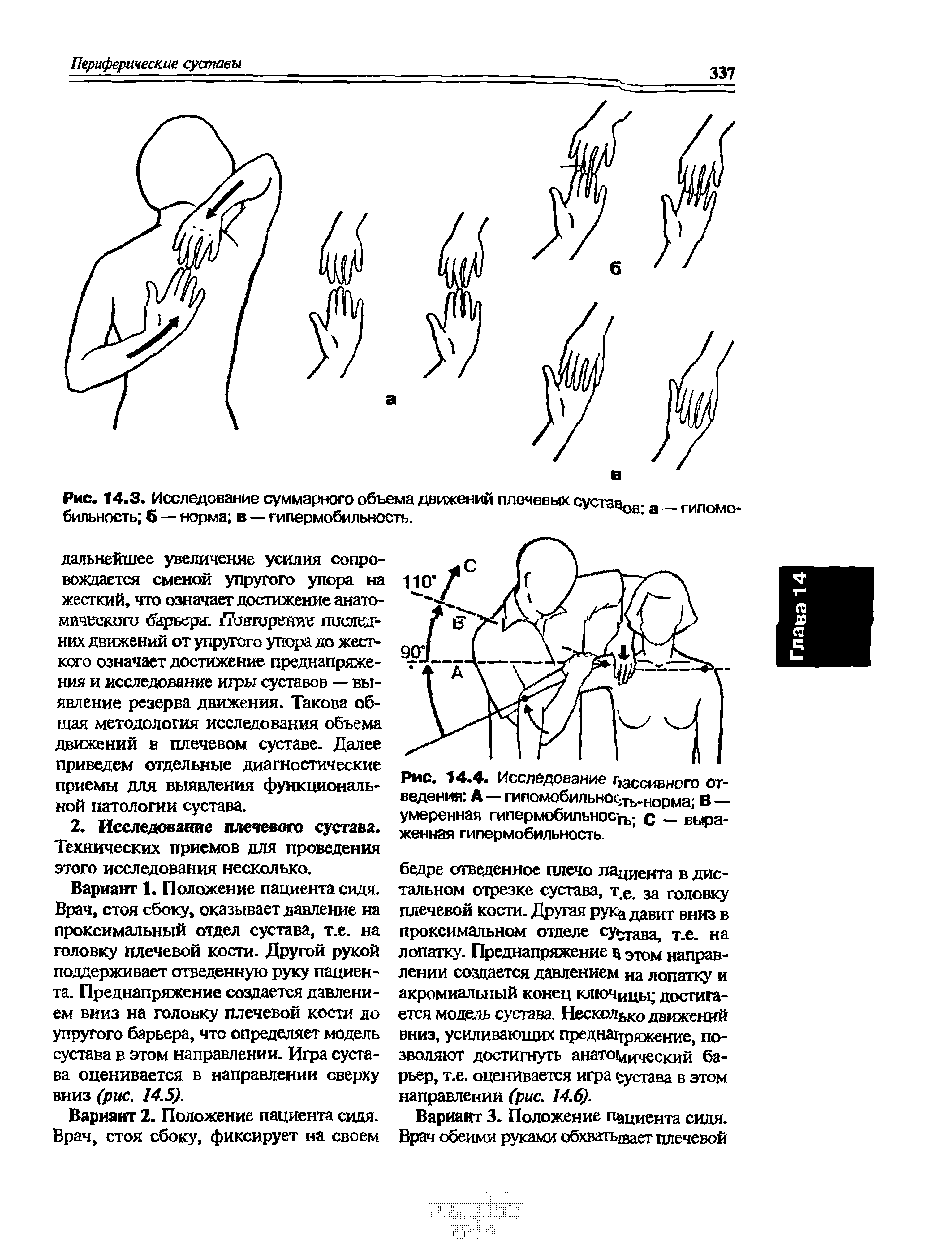 Рис. 14.4. Исследование пассивного отведения А—гипомобильнослъ-норма В — умеренная гипермобильнос п, с — выраженная гипермобильность.