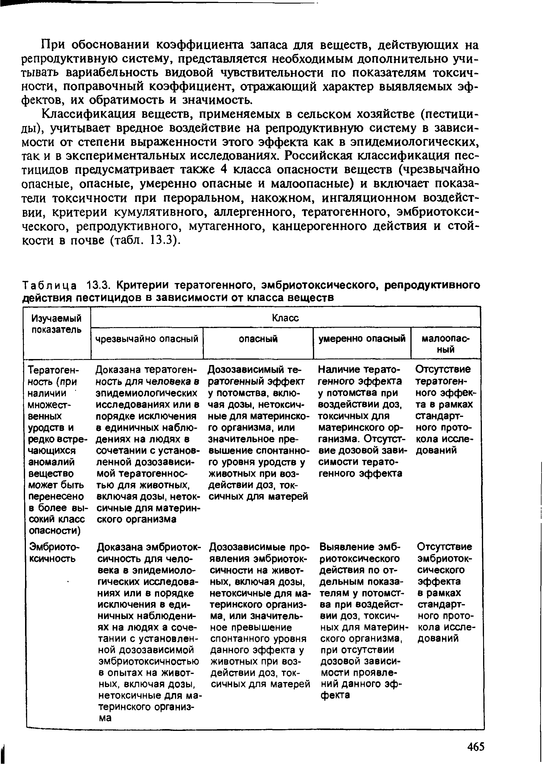 Таблица 13.3. Критерии тератогенного, эмбриотоксического, репродуктивного действия пестицидов в зависимости от класса веществ...